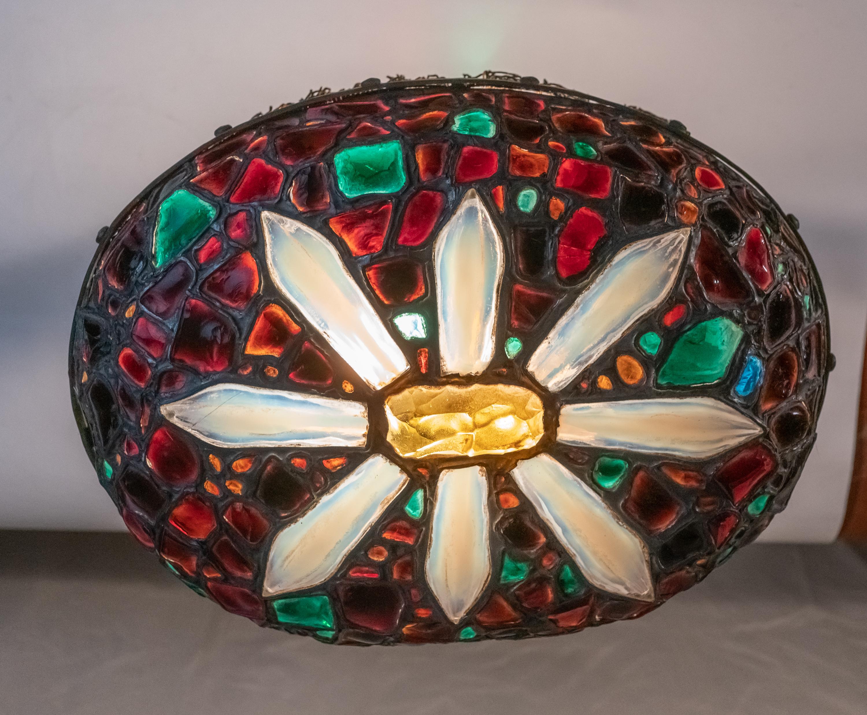 Rare Austrian Colorful Art Nouveau Bronze and Glass Chunk Jewel Table Lamp 5