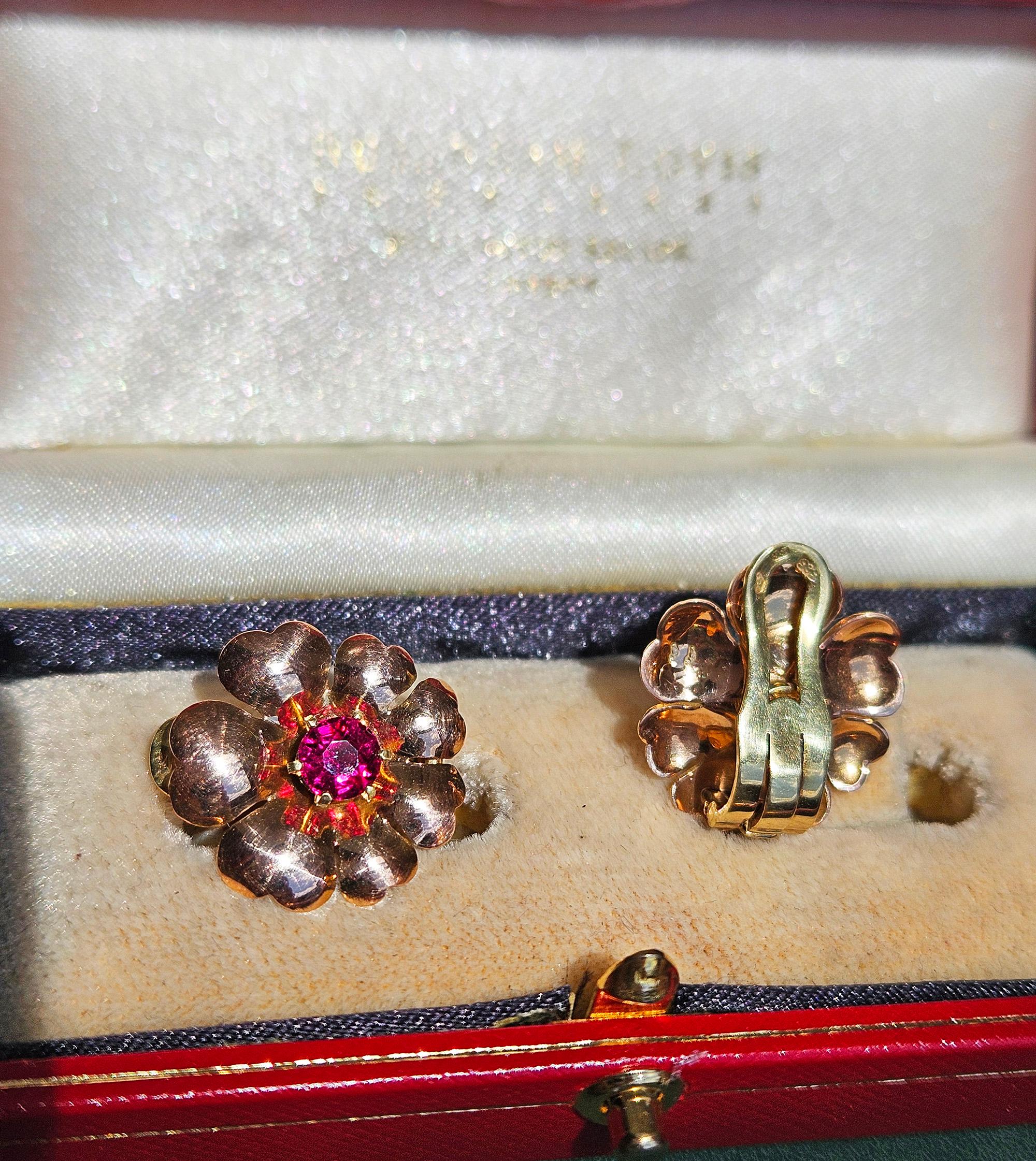 1935 Austrian GIA Natural 1.20ct RUBY 14K Rose Gold Flower Vintage Clip Earrings For Sale 4