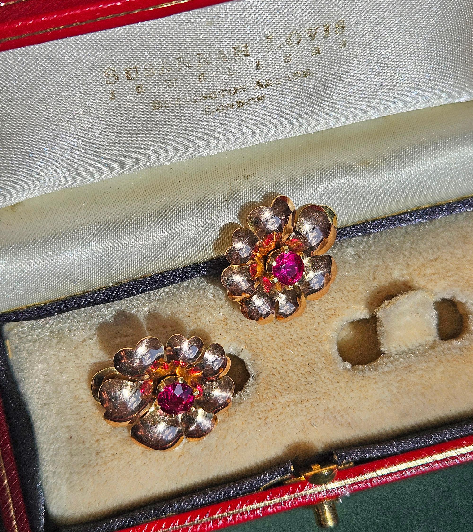 1935 Austrian GIA Natural 1.20ct RUBY 14K Rose Gold Flower Vintage Clip Earrings For Sale 5