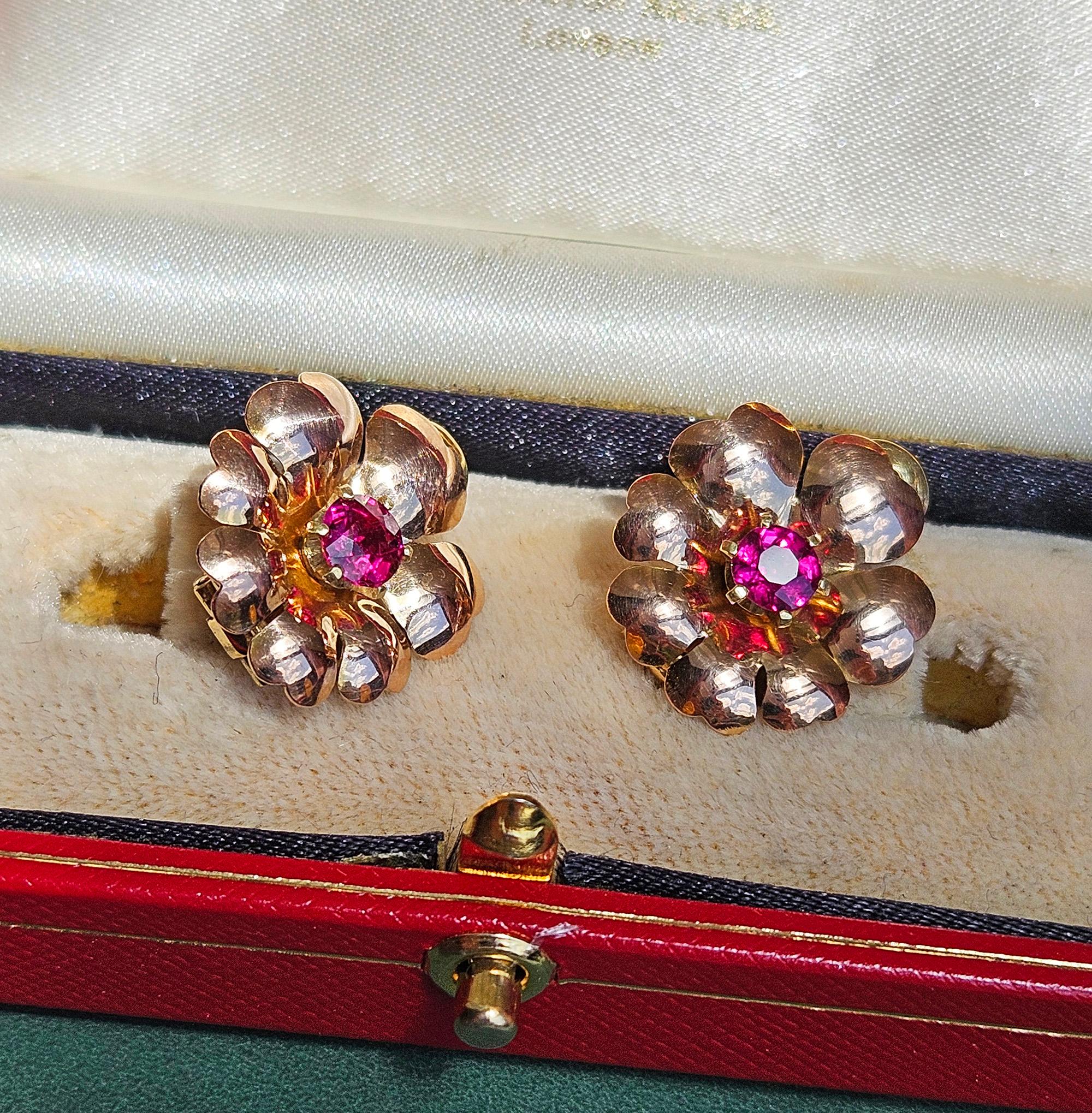 1935 Austrian GIA Natural 1.20ct RUBY 14K Rose Gold Flower Vintage Clip Earrings For Sale 6