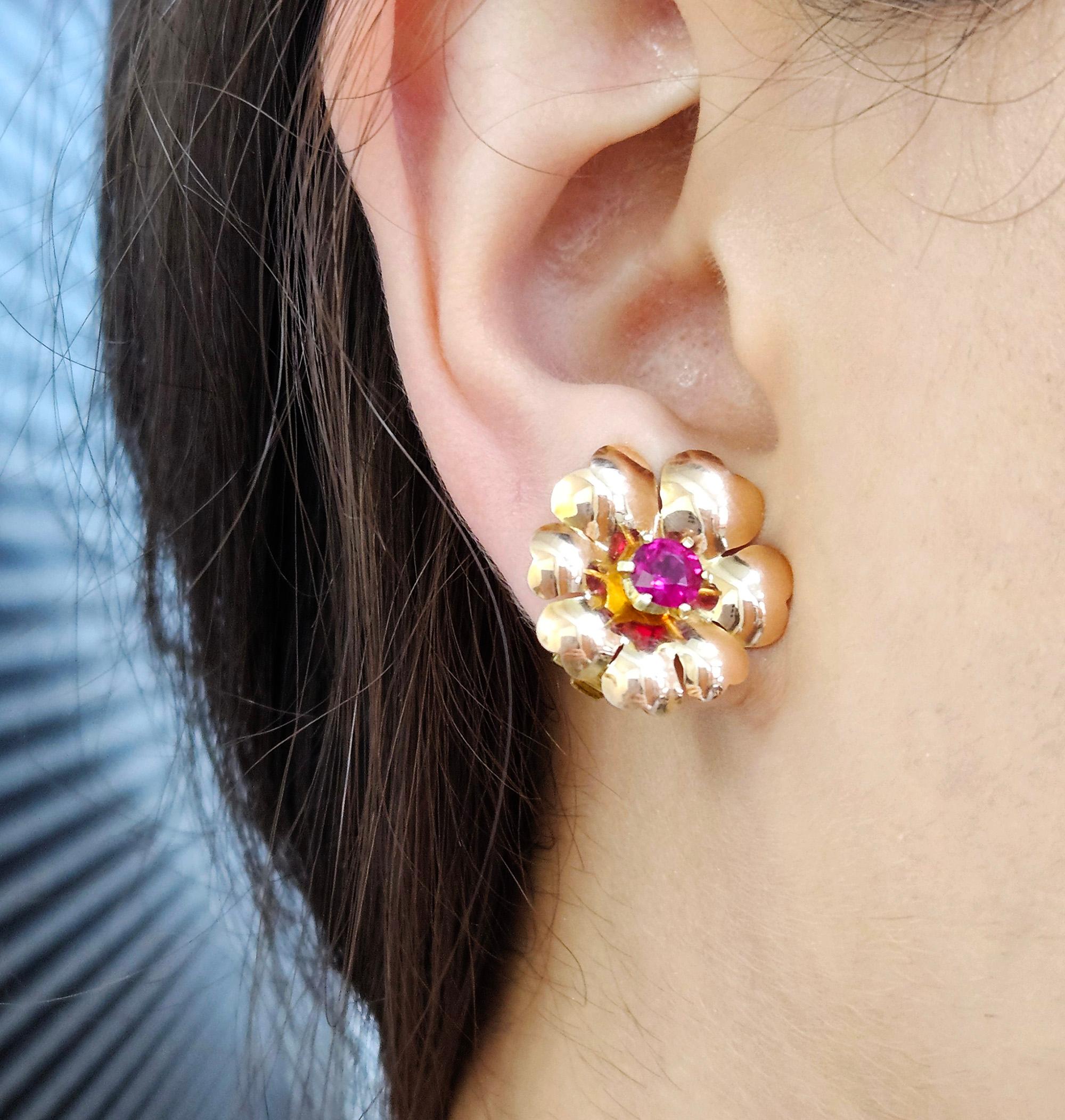 1935 Austrian GIA Natural 1.20ct RUBY 14K Rose Gold Flower Vintage Clip Earrings For Sale 9