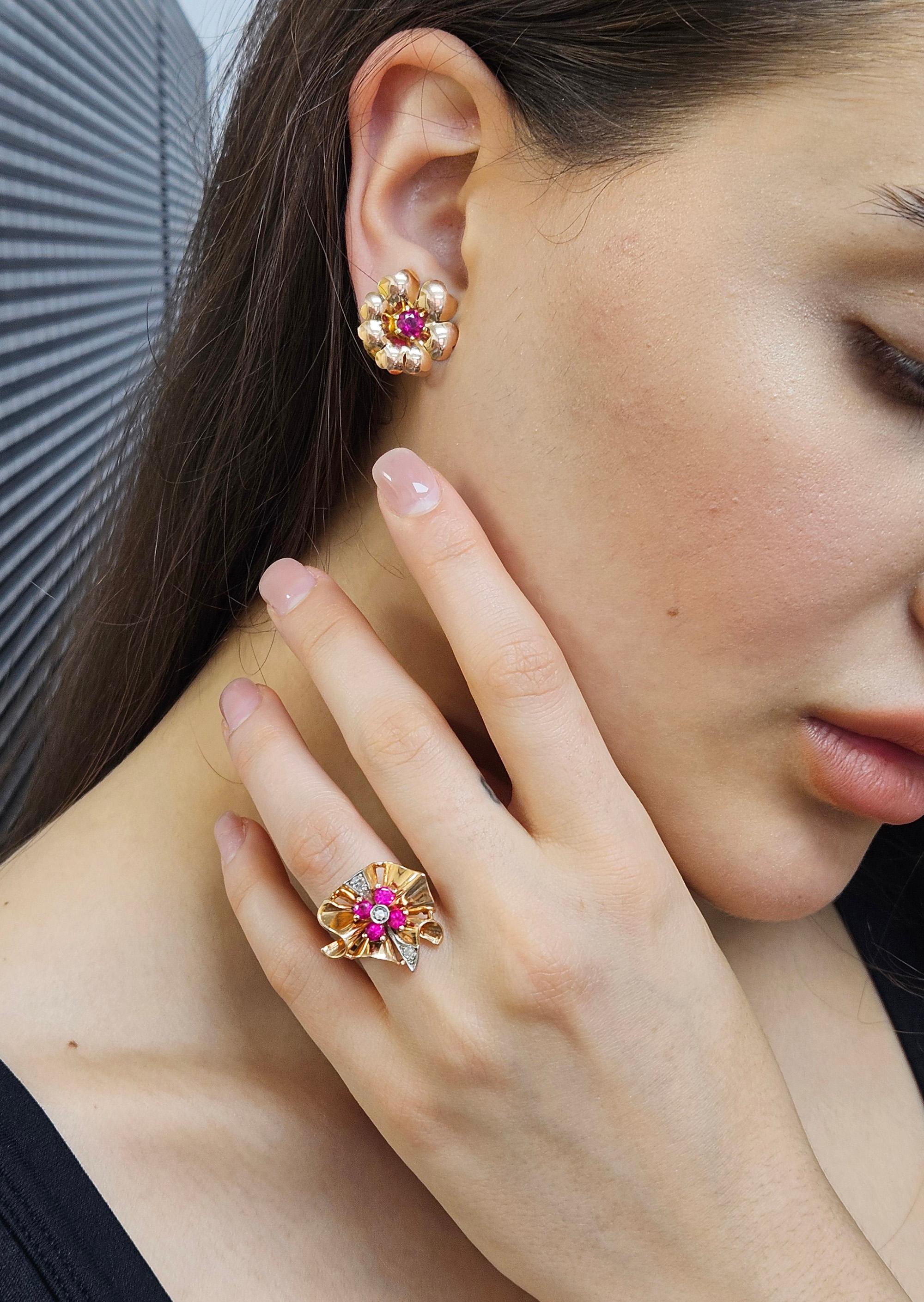 1935 Austrian GIA Natural 1.20ct RUBY 14K Rose Gold Flower Vintage Clip Earrings For Sale 10