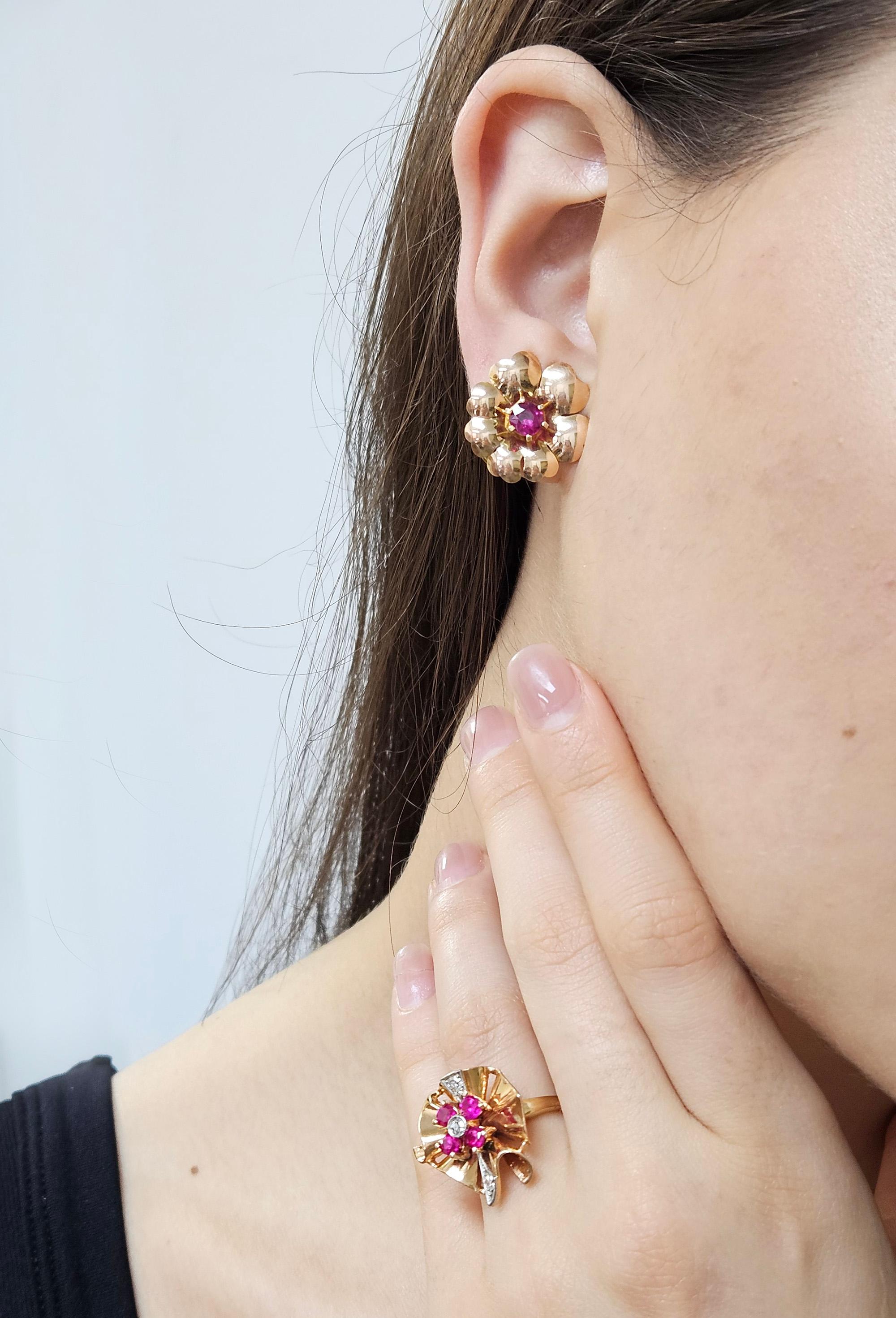 1935 Austrian GIA Natural 1.20ct RUBY 14K Rose Gold Flower Vintage Clip Earrings For Sale 11