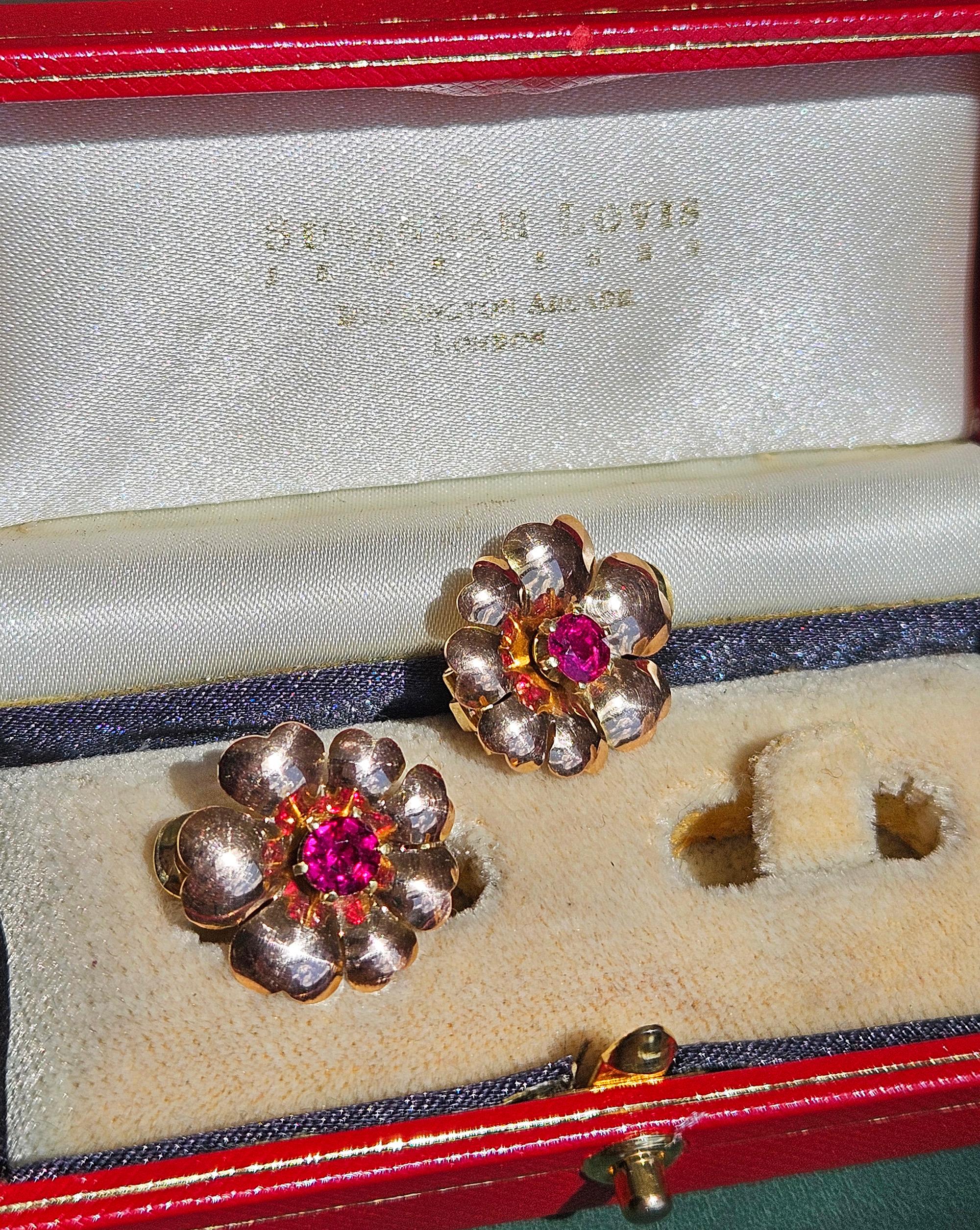 1935 Austrian GIA Natural 1.20ct RUBY 14K Rose Gold Flower Vintage Clip Earrings For Sale 12
