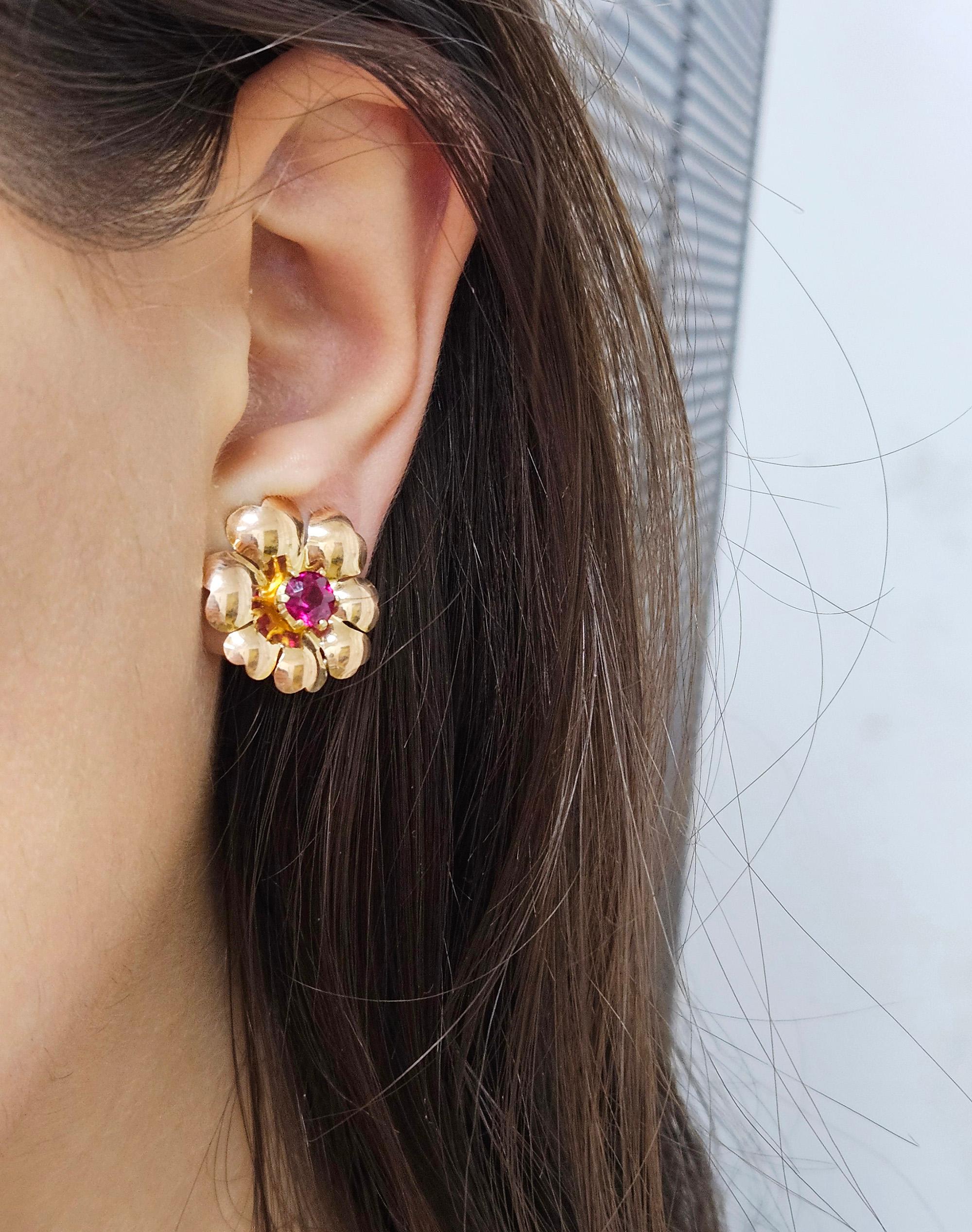 1935 Austrian GIA Natural 1.20ct RUBY 14K Rose Gold Flower Vintage Clip Earrings For Sale 13