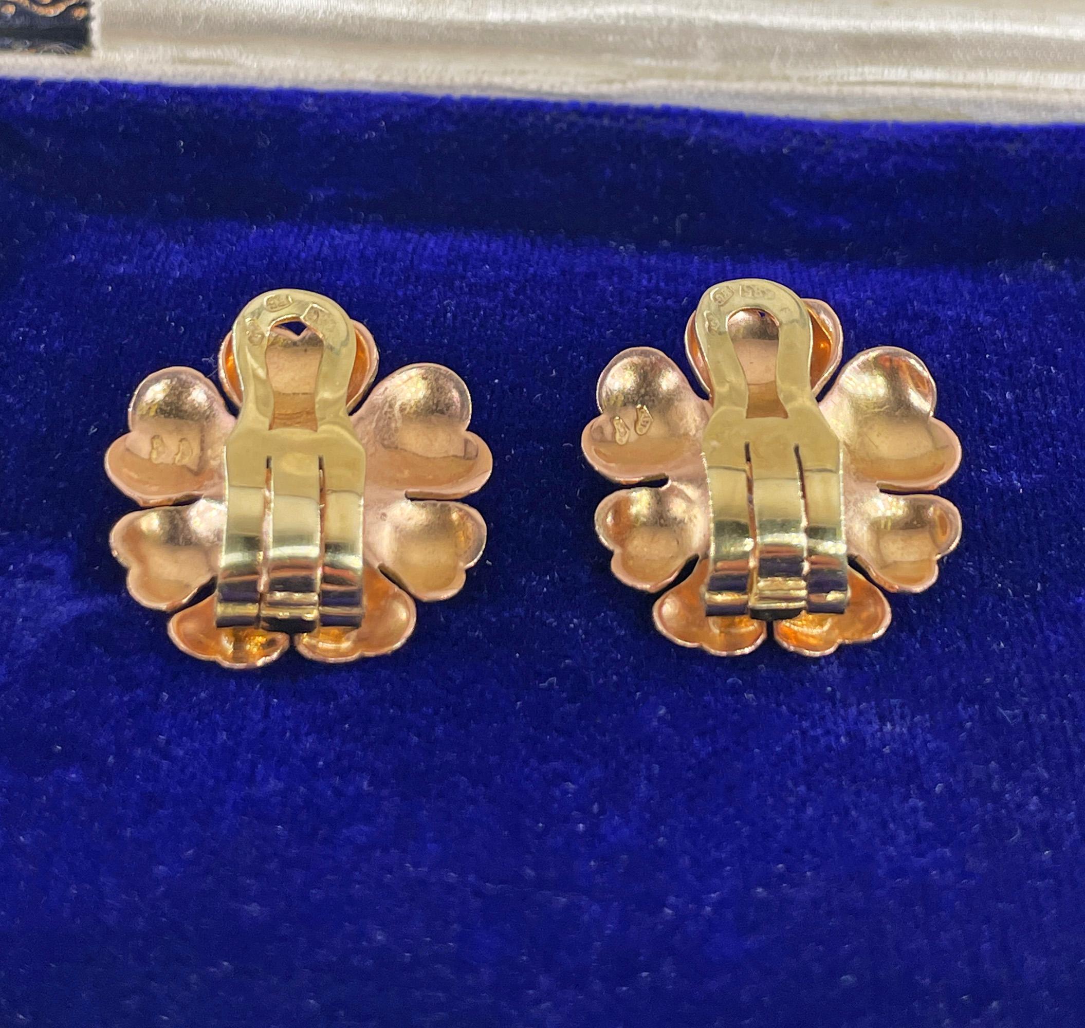 1935 Austrian GIA Natural 1.20ct RUBY 14K Rose Gold Flower Vintage Clip Earrings For Sale 14