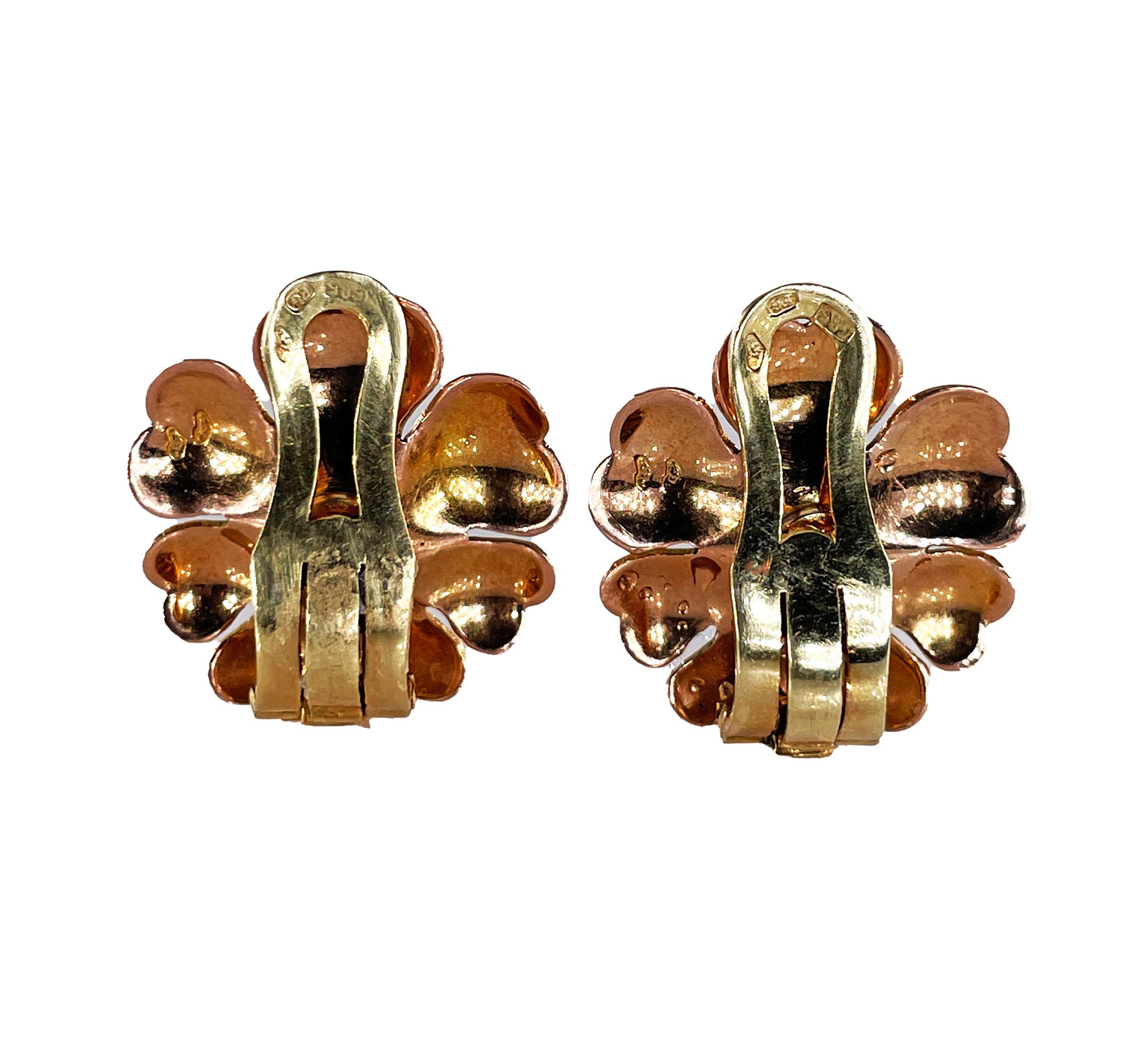 Round Cut 1935 Austrian GIA Natural 1.20ct RUBY 14K Rose Gold Flower Vintage Clip Earrings For Sale