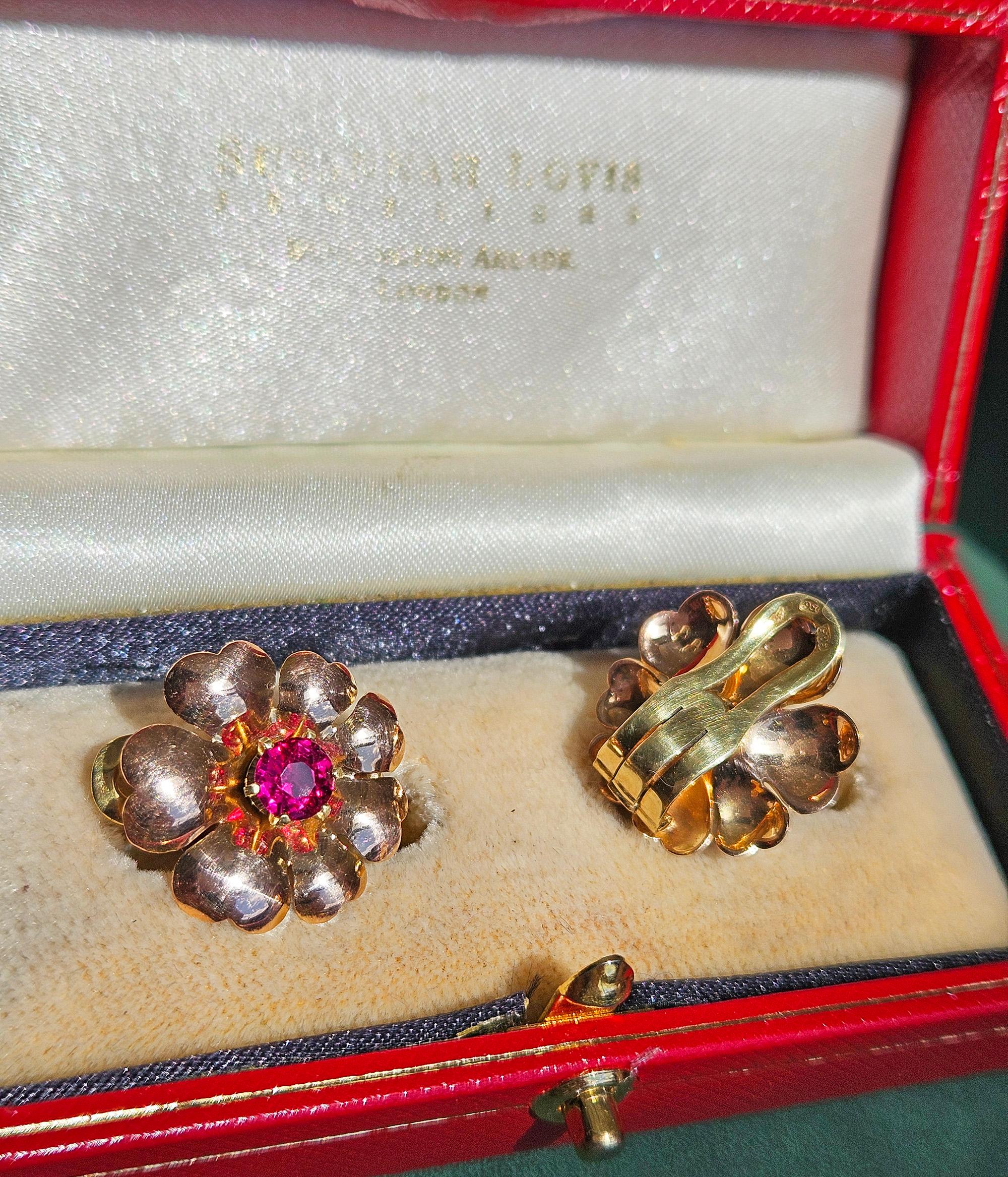 1935 Austrian GIA Natural 1.20ct RUBY 14K Rose Gold Flower Vintage Clip Earrings For Sale 3