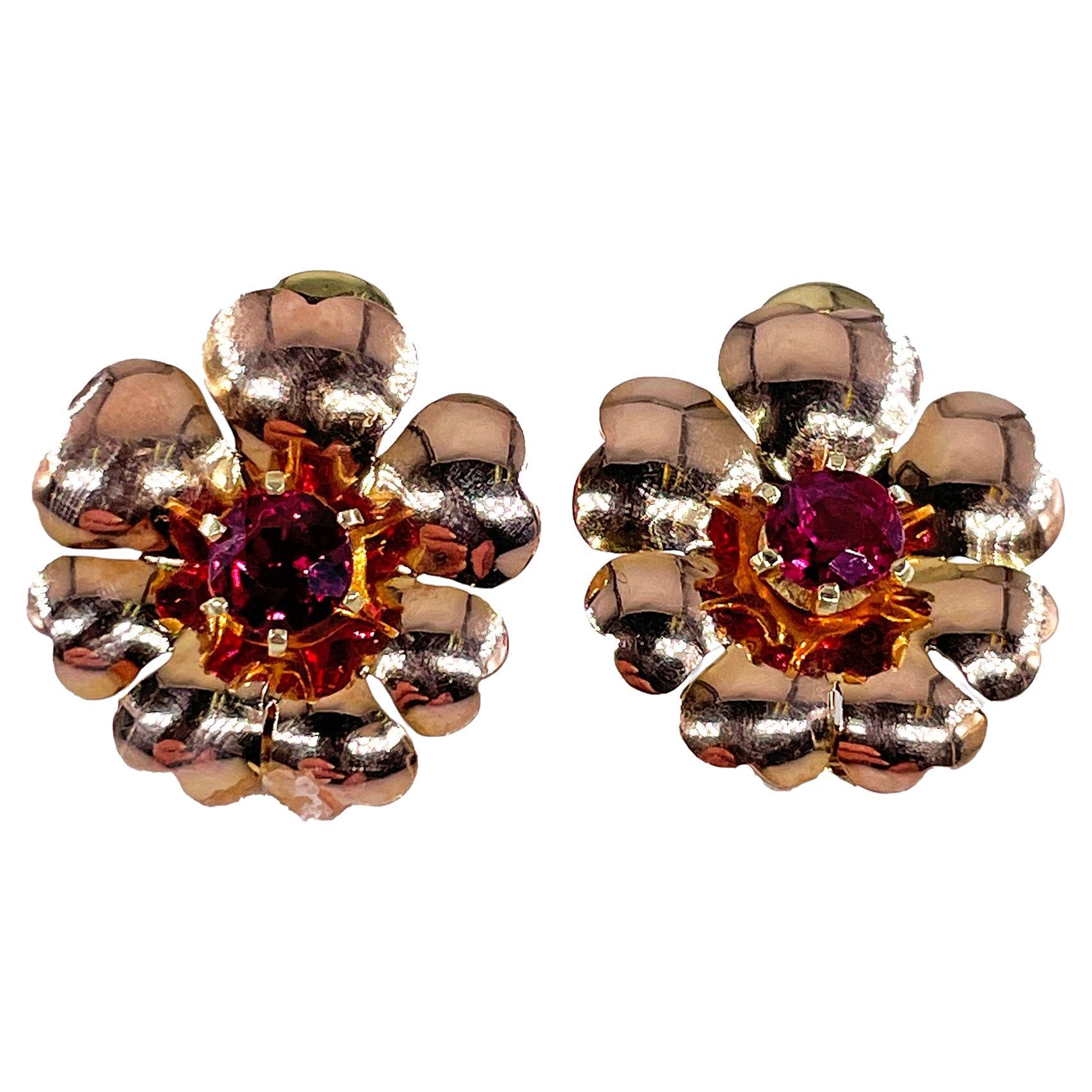 1935 Austrian GIA Natural 1.20ct RUBY 14K Rose Gold Flower Vintage Clip Earrings For Sale