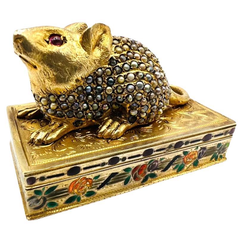 Rare Austrian Silver and Enamel Stamp Box with Mouse and Seed Pearls