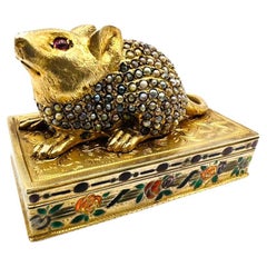 Antique Rare Austrian Silver and Enamel Stamp Box with Mouse and Seed Pearls