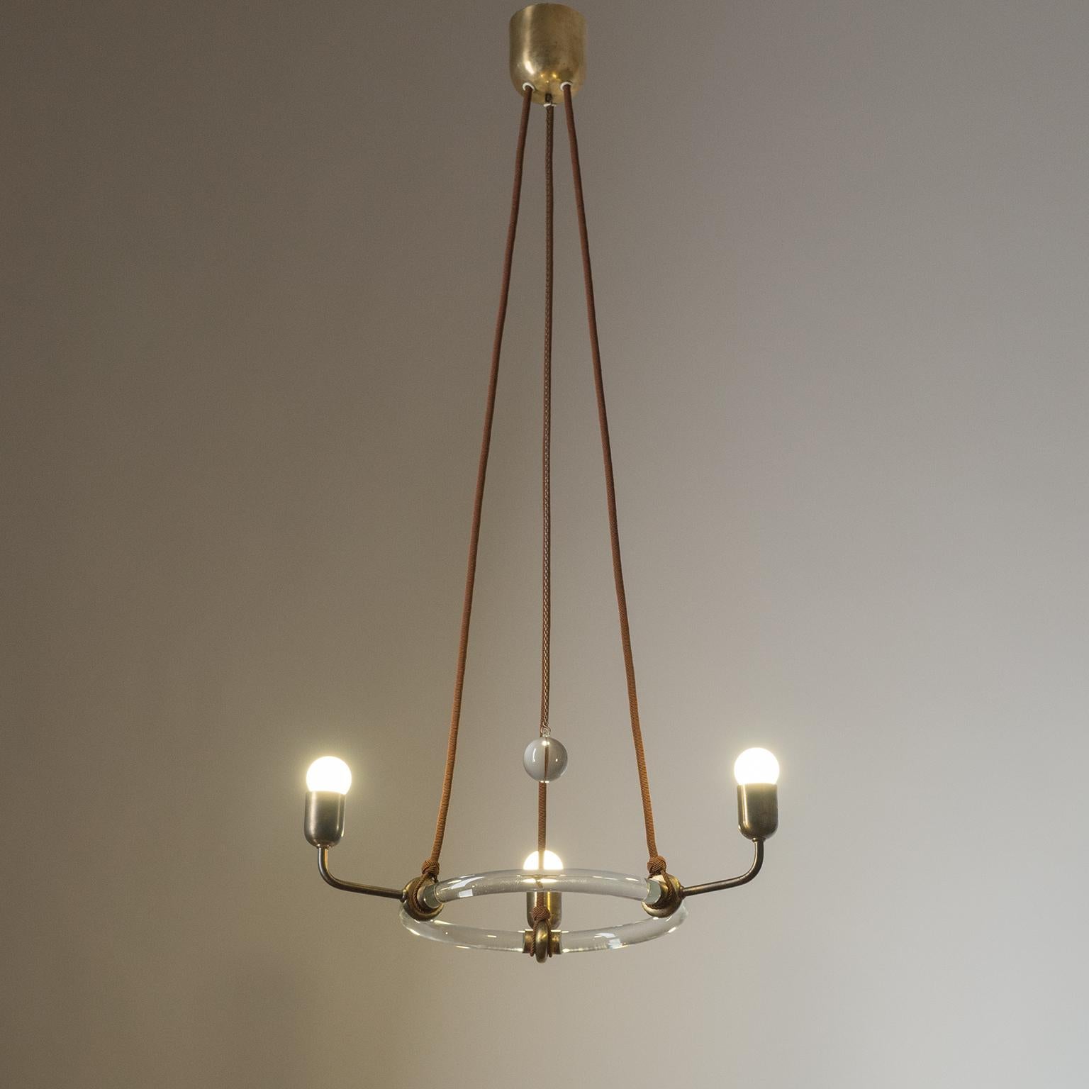 Art Deco Rare Austrian Suspension Chandelier, 1920s, Glass and Brass