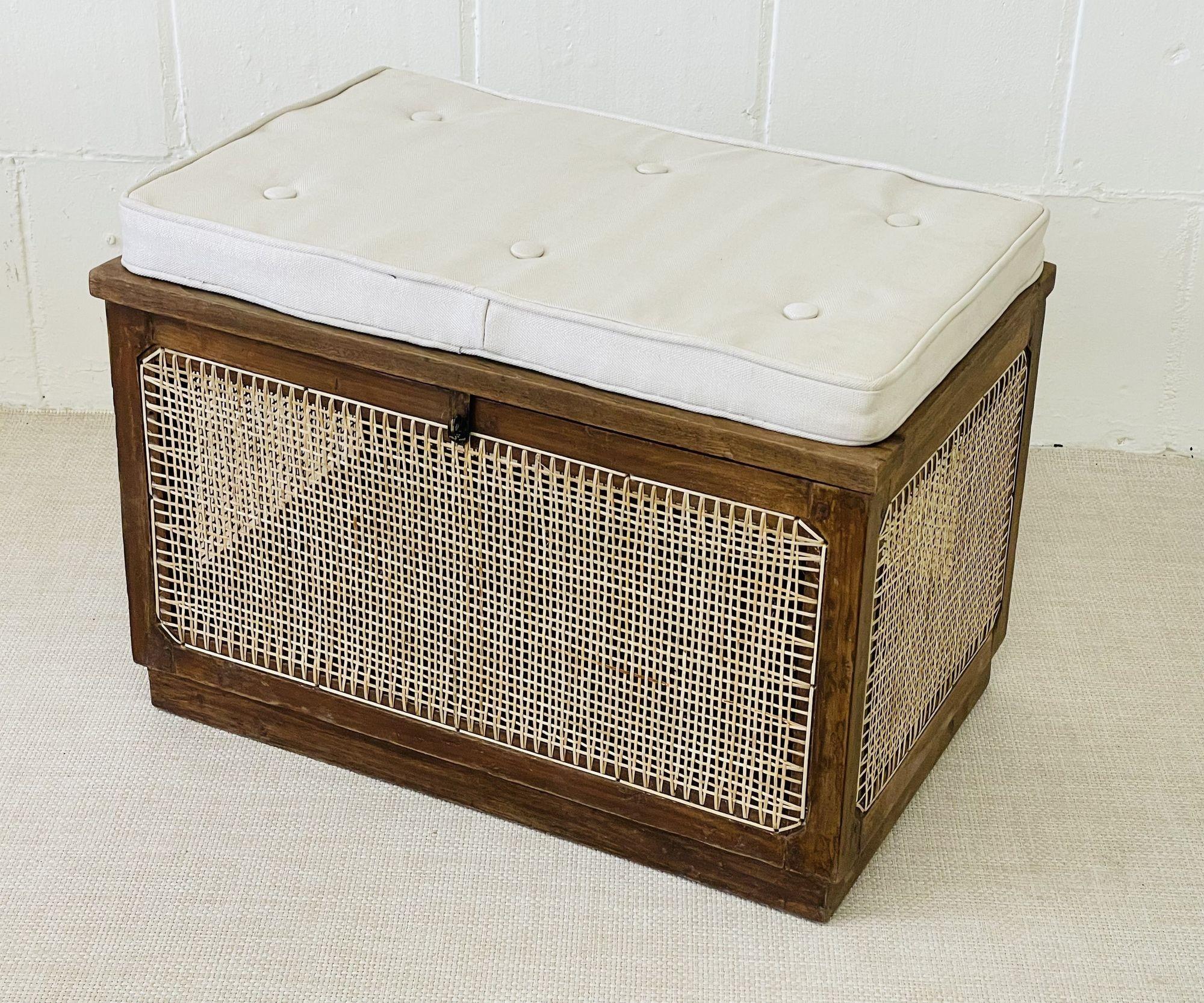 'Dirty Linen' Basket with Cushion/Bench Top attributed to Pierre Jeanneret
 
France, India, 1960s
 
Provenance: M.L.A Flats Building in Chandigarh, India
 
With markings indicating provenance - This is directly from Chandigarh, India. This box has
