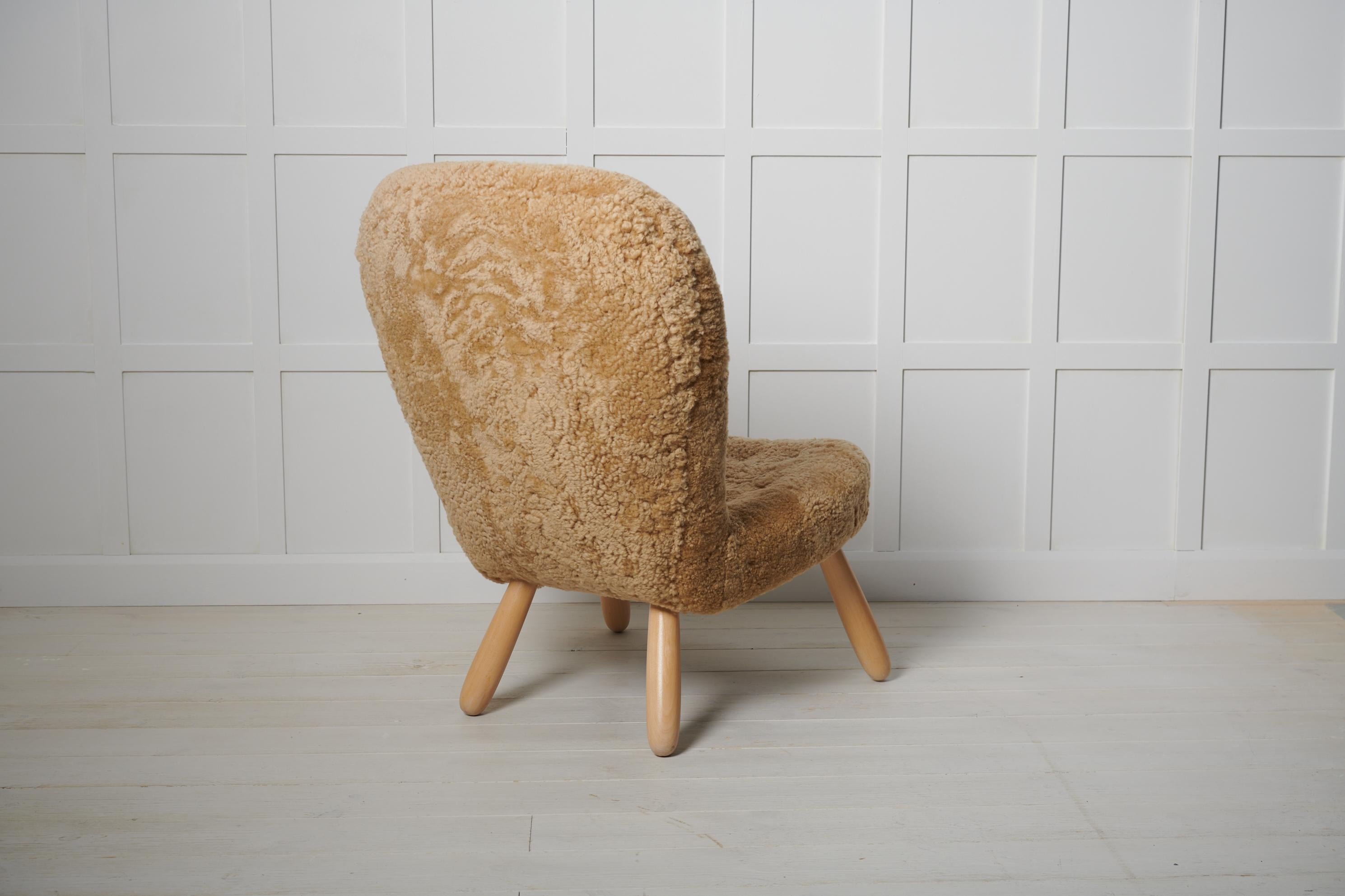 Sheepskin Rare Authentic Scandinavian Modern Clam Chair by Arnold Madsen, Denmark For Sale