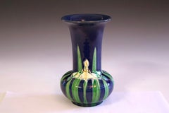 Rare Awaji Pottery Blue Ground Antique Arts & Crafts Incised Iris Vase