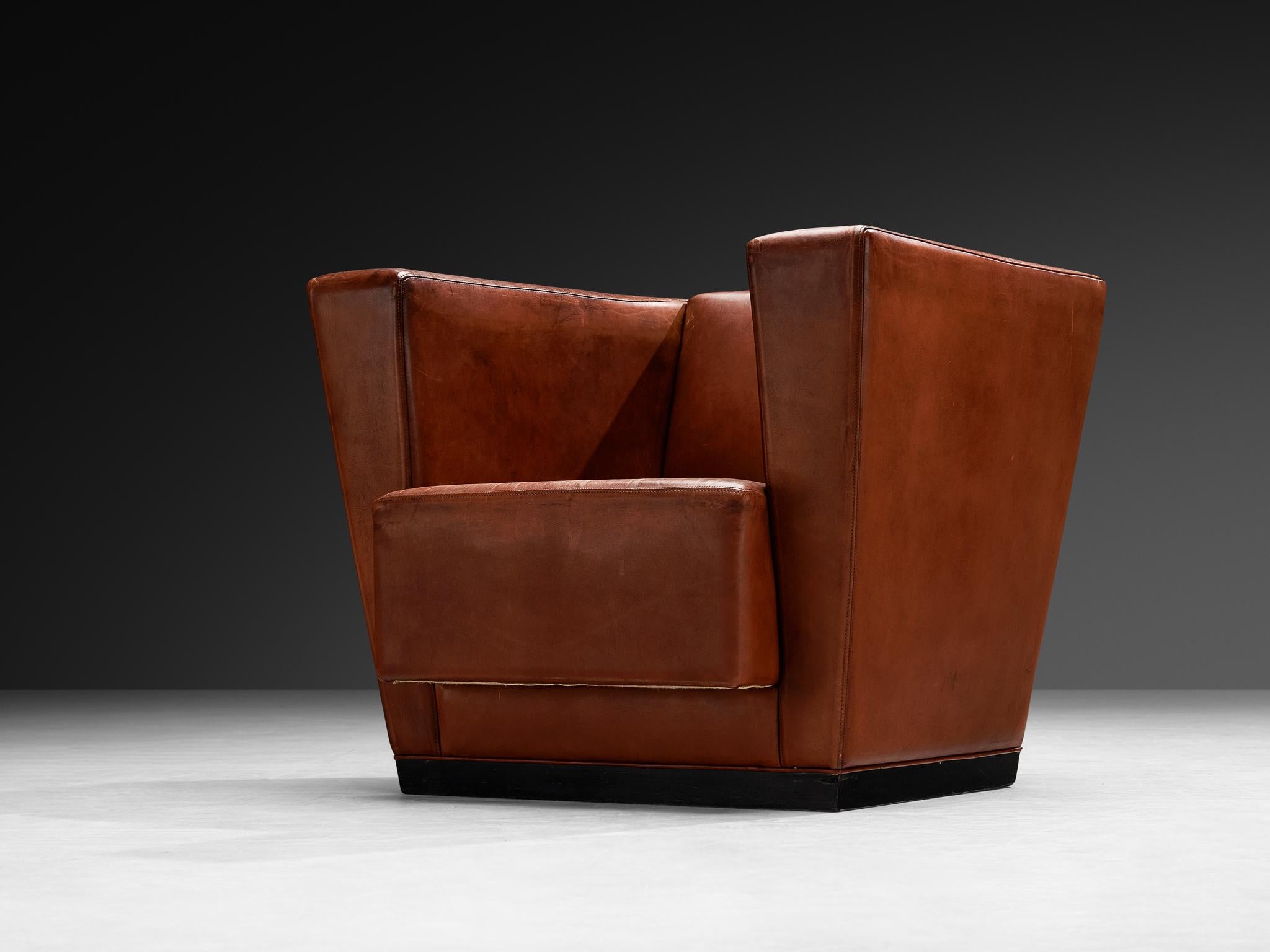 Seltener Axel Einar Hjorth 'Lido' Loungesessel in patiniertem Leder (Mitte des 20. Jahrhunderts) im Angebot