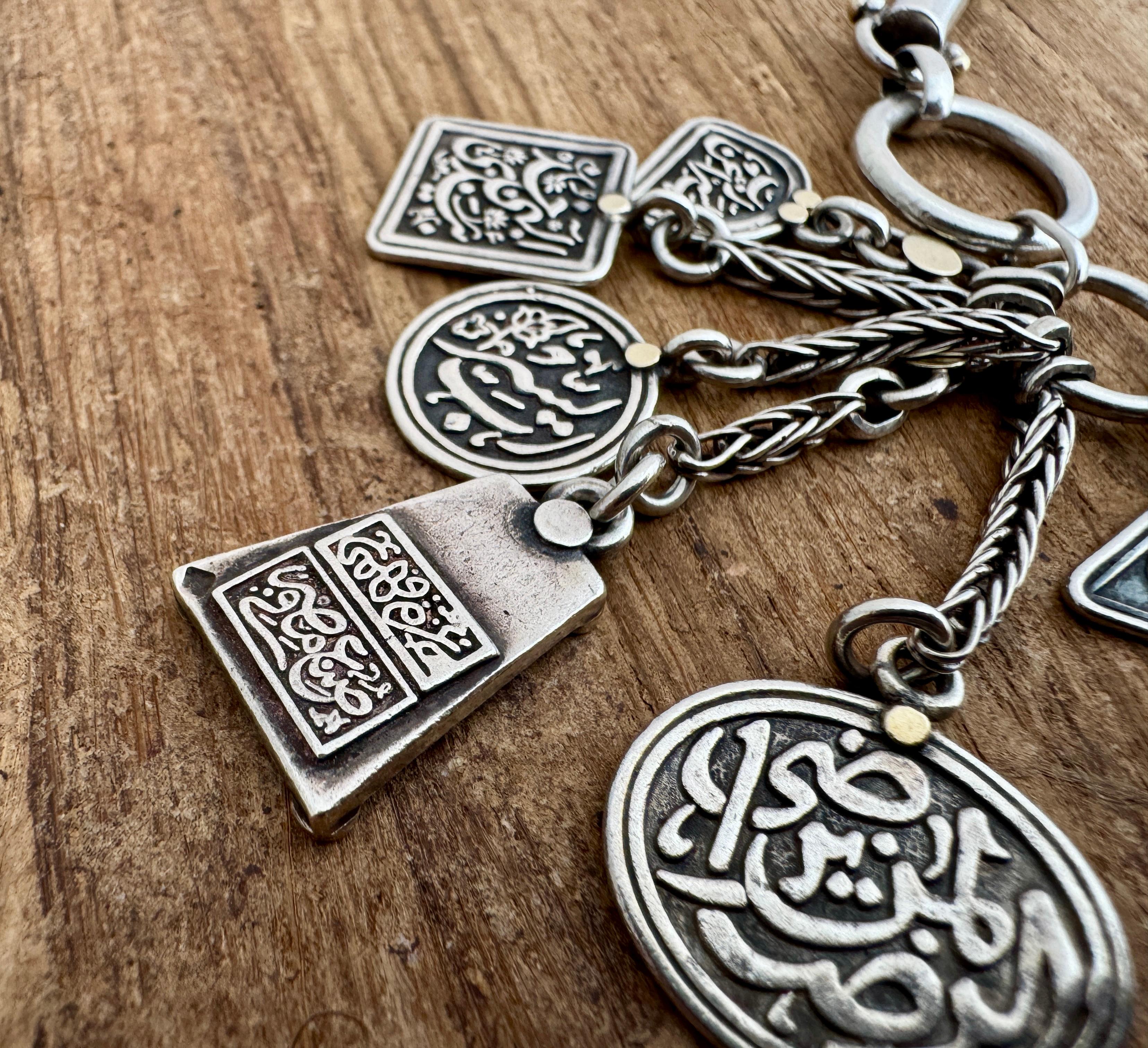 RARE Azza Fahmy Egyptian Sterling Silver & Gold Charm Bracelet In Good Condition For Sale In Toronto, CA