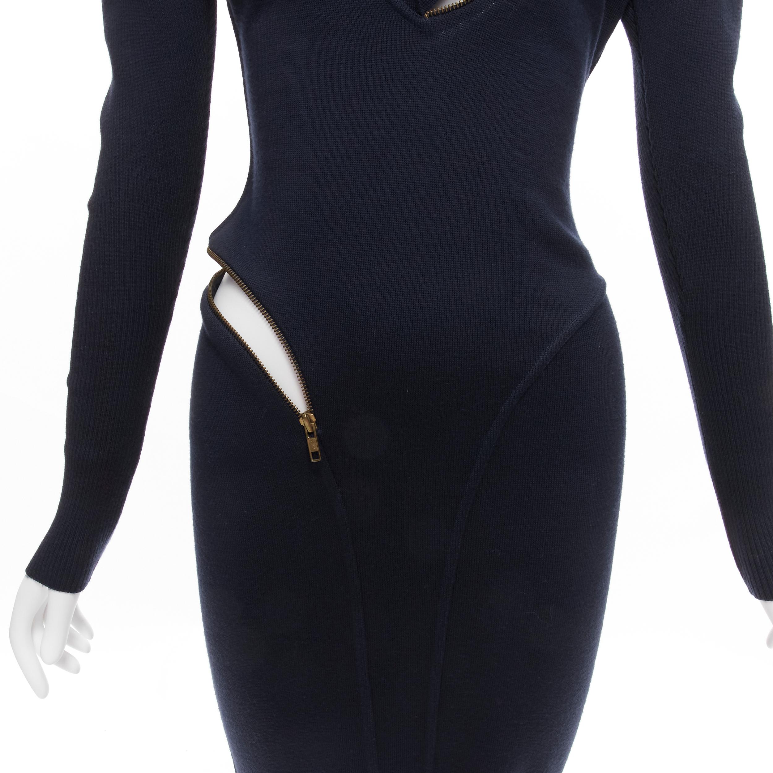 rare AZZEDINE ALAIA 1986 Vintage Runway navy wool zipper hooded knit dress M 7