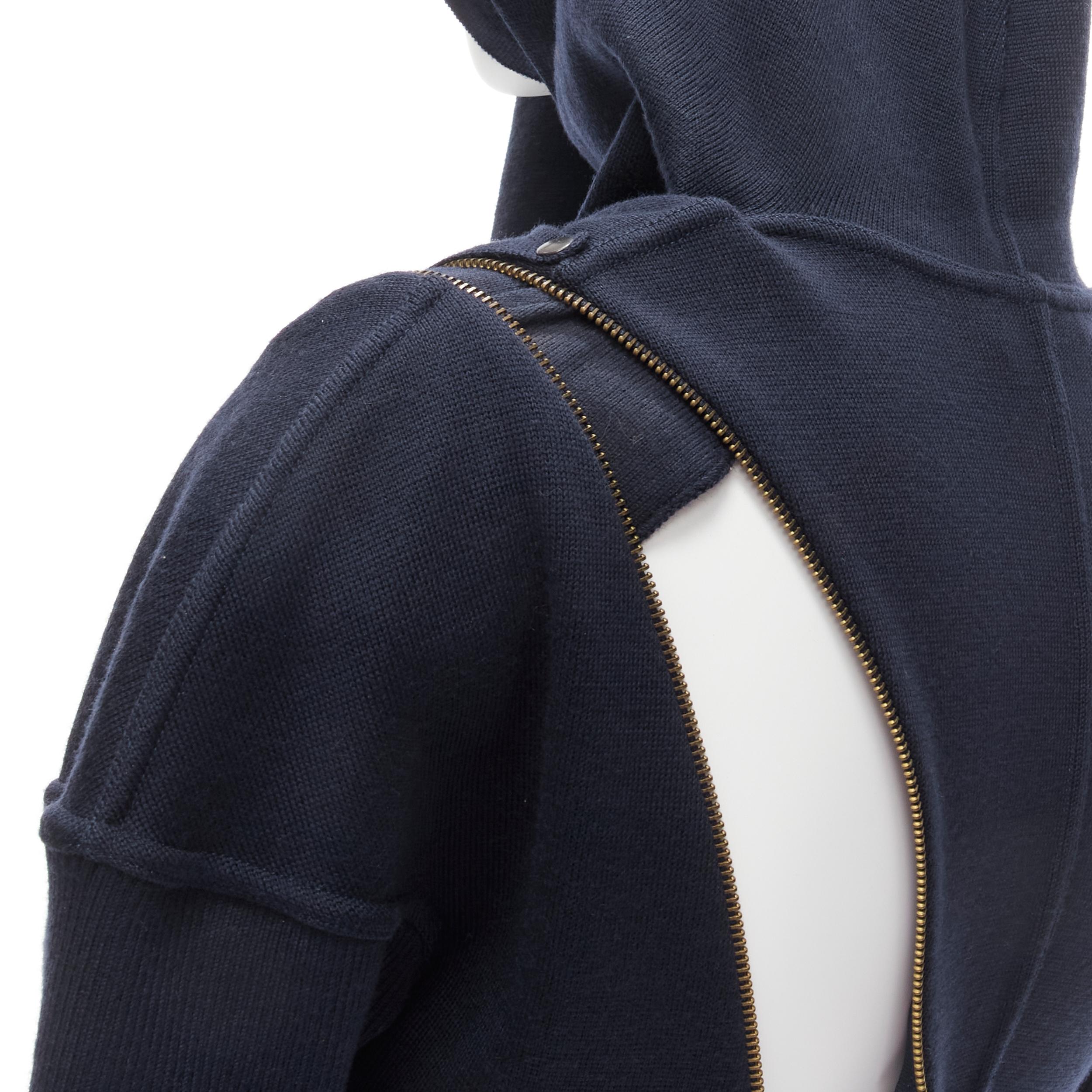 rare AZZEDINE ALAIA 1986 Vintage Runway navy wool zipper hooded knit dress M 10