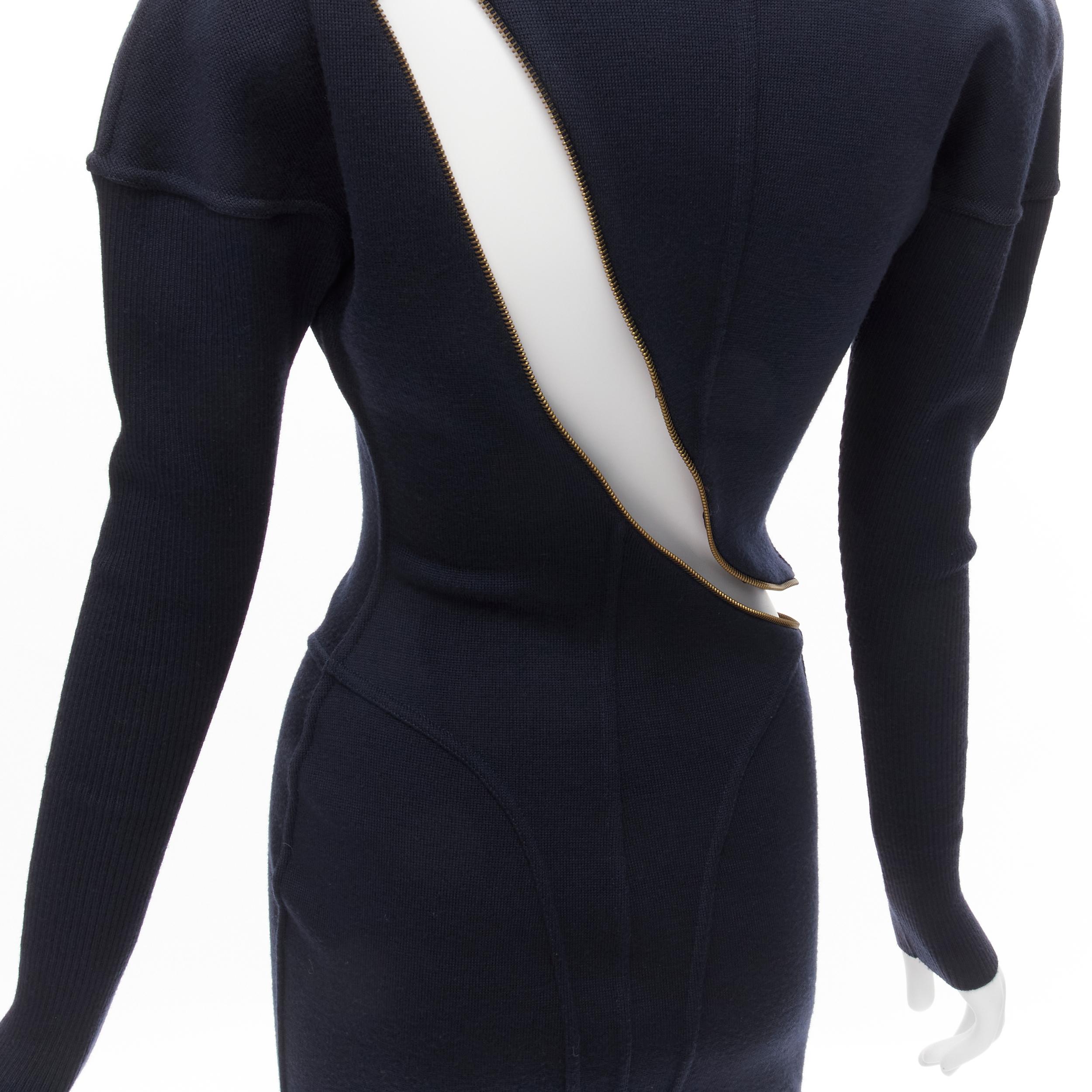 rare AZZEDINE ALAIA 1986 Vintage Runway navy wool zipper hooded knit dress M 11