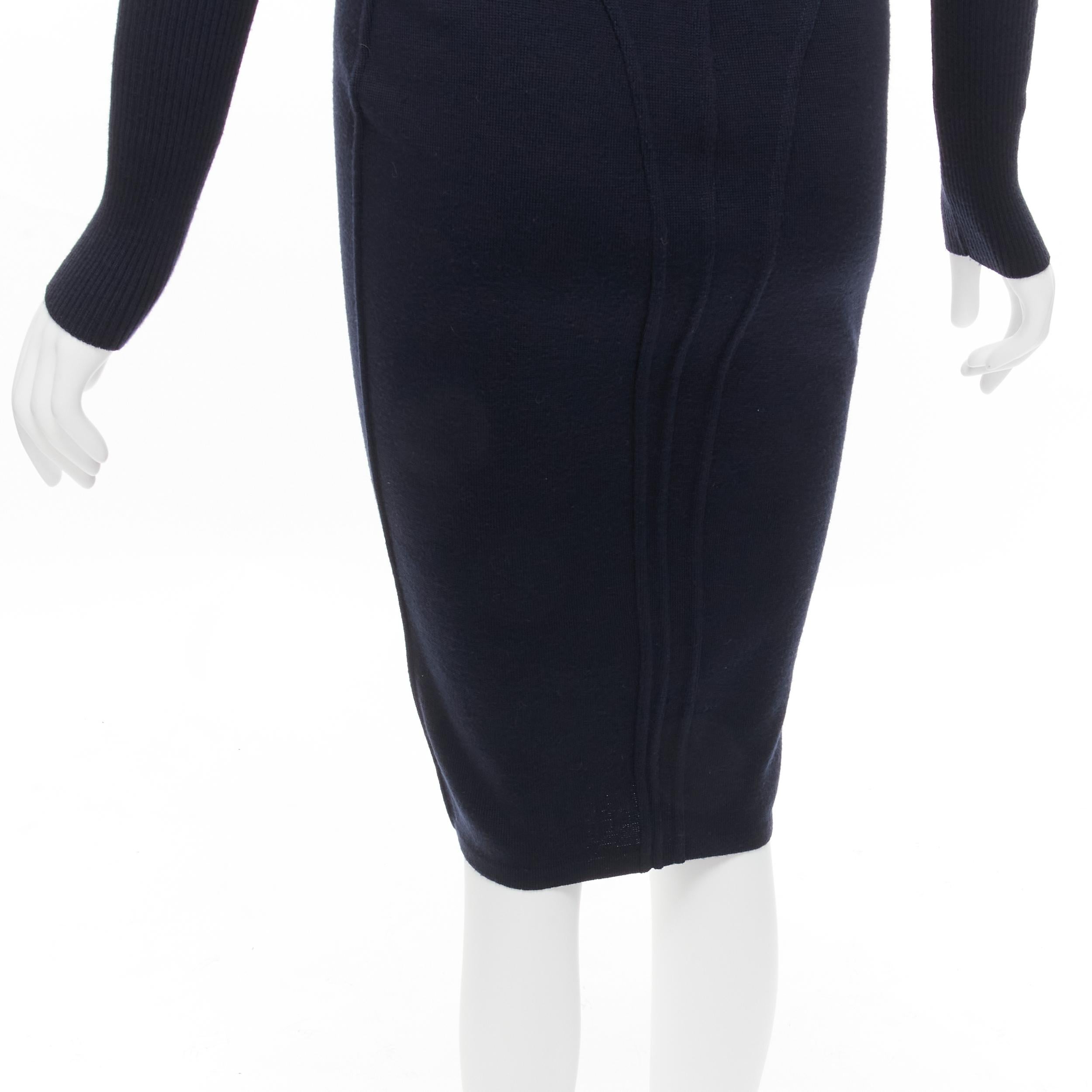 rare AZZEDINE ALAIA 1986 Vintage Runway navy wool zipper hooded knit dress M 12
