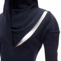 rare AZZEDINE ALAIA 1986 Vintage Runway navy wool zipper hooded knit dress M