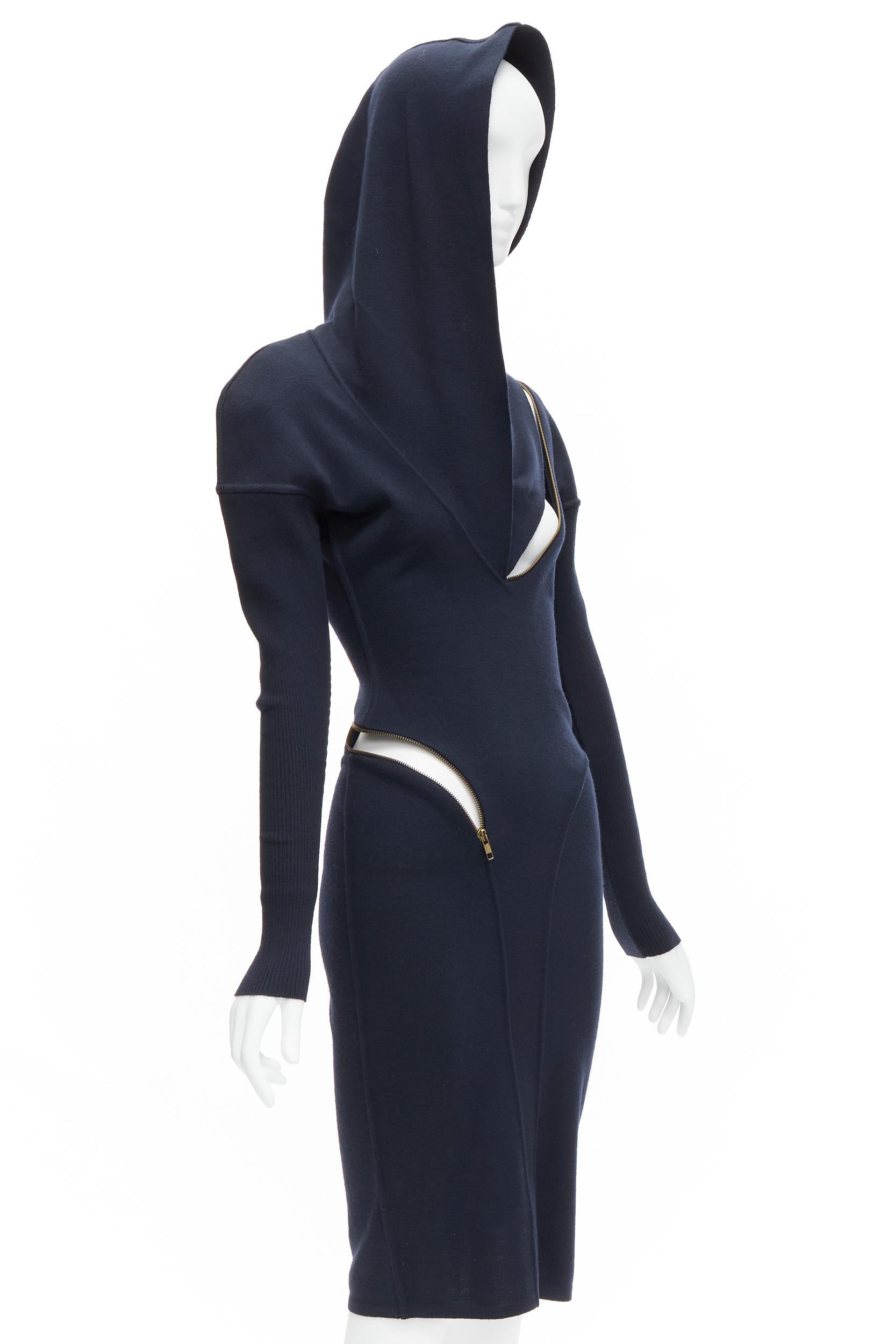 rare AZZEDINE ALAIA 1986 Vintage Runway navy wool zipper hooded knit dress M In Excellent Condition In Hong Kong, NT
