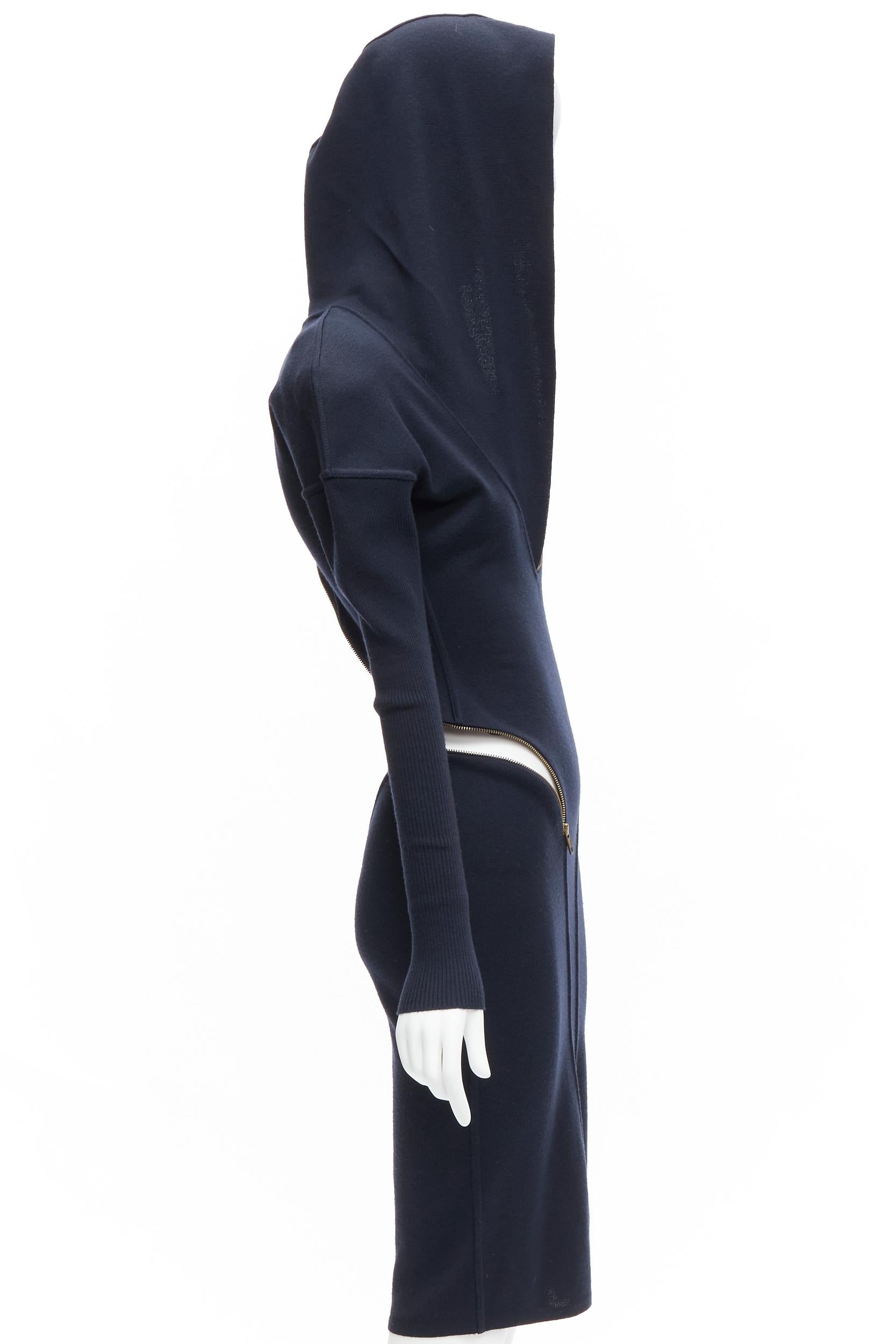 Women's rare AZZEDINE ALAIA 1986 Vintage Runway navy wool zipper hooded knit dress M