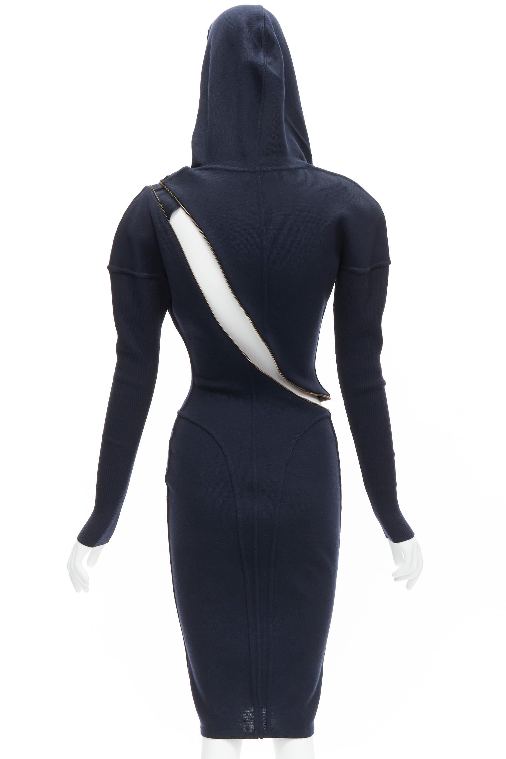 rare AZZEDINE ALAIA 1986 Vintage Runway navy wool zipper hooded knit dress M 1