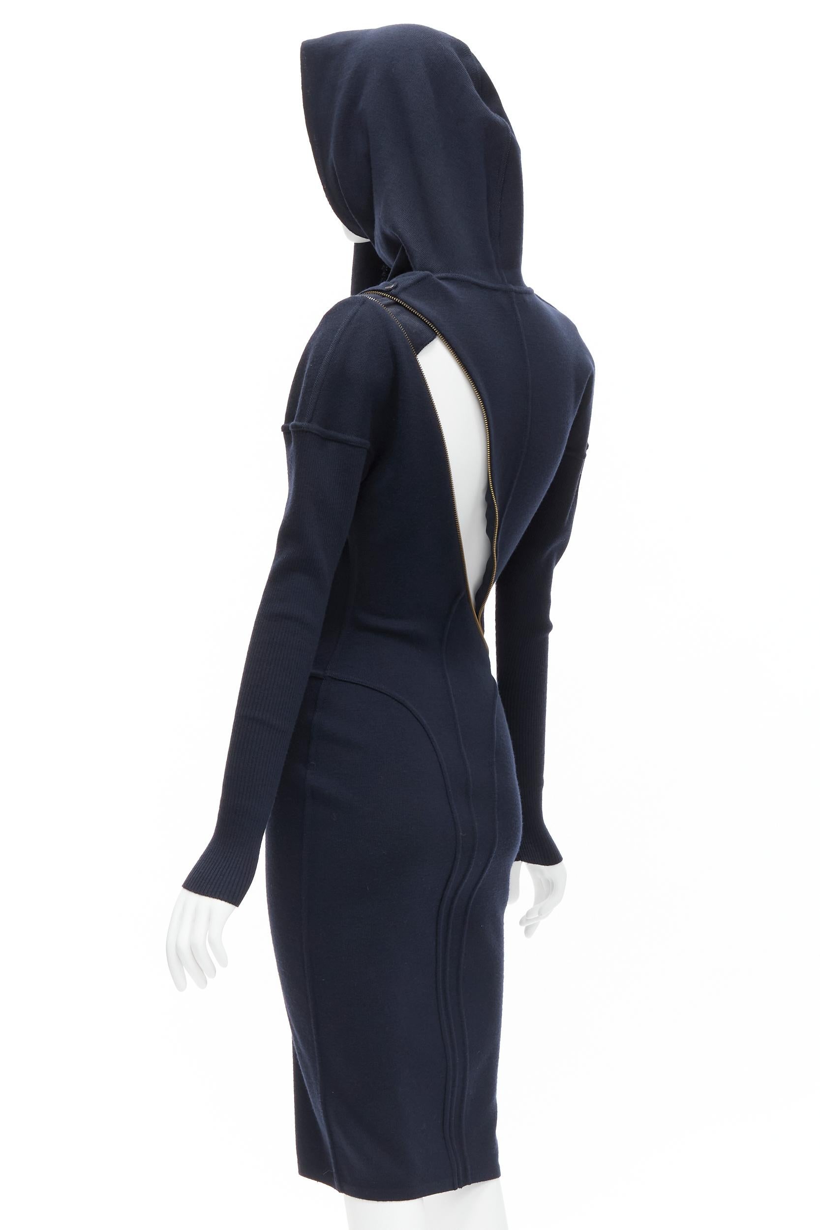 rare AZZEDINE ALAIA 1986 Vintage Runway navy wool zipper hooded knit dress M 2