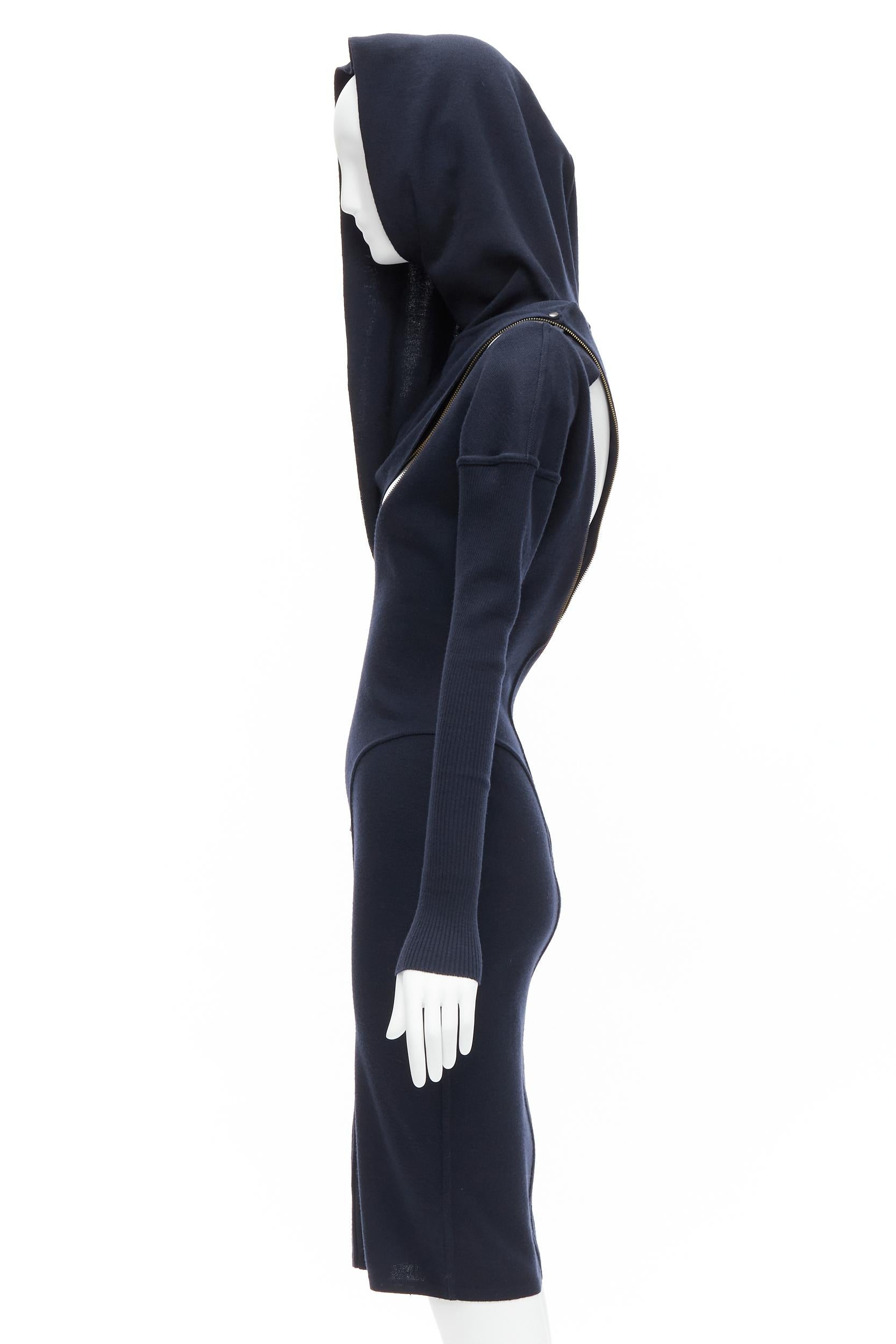 rare AZZEDINE ALAIA 1986 Vintage Runway navy wool zipper hooded knit dress M 3