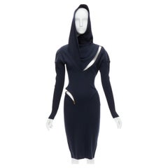 raro AZZEDINE ALAIA 1986 Vintage Runway abito in lana navy con cerniera e cappuccio M