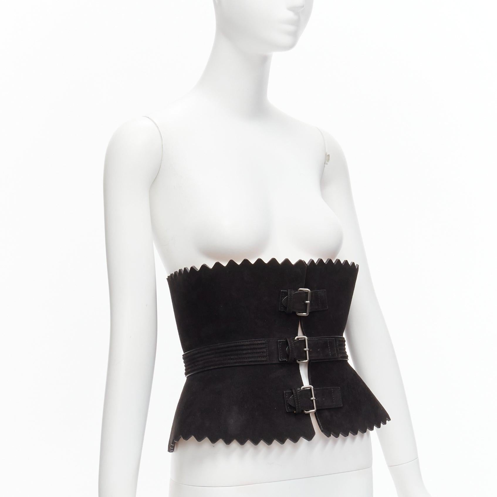 rare AZZEDINE ALAIA black suede leather wide scallop corset statement belt 70cm In Good Condition For Sale In Hong Kong, NT