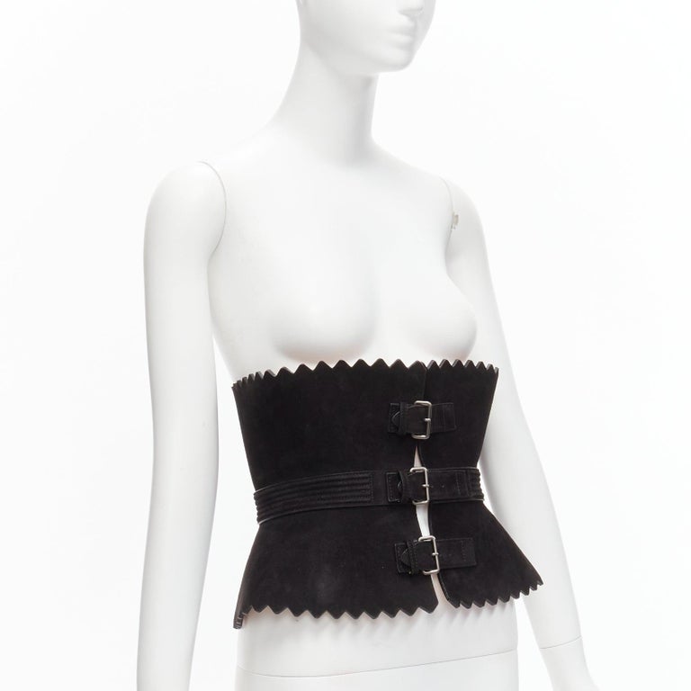 rare AZZEDINE ALAIA black suede leather wide scallop corset 