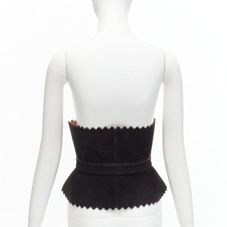 rare AZZEDINE ALAIA black suede leather wide scallop corset  display picture 1