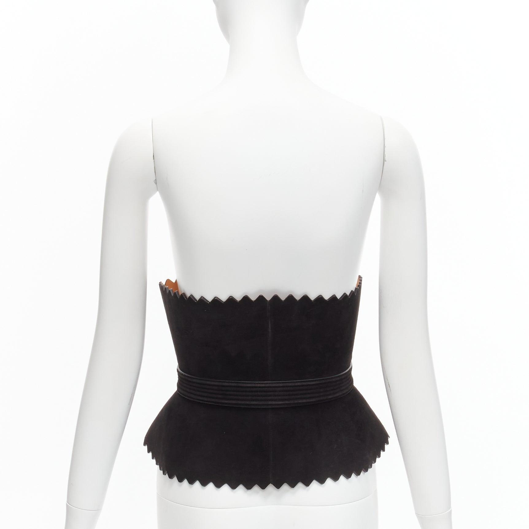 rare AZZEDINE ALAIA black suede leather wide scallop corset statement belt 70cm 1