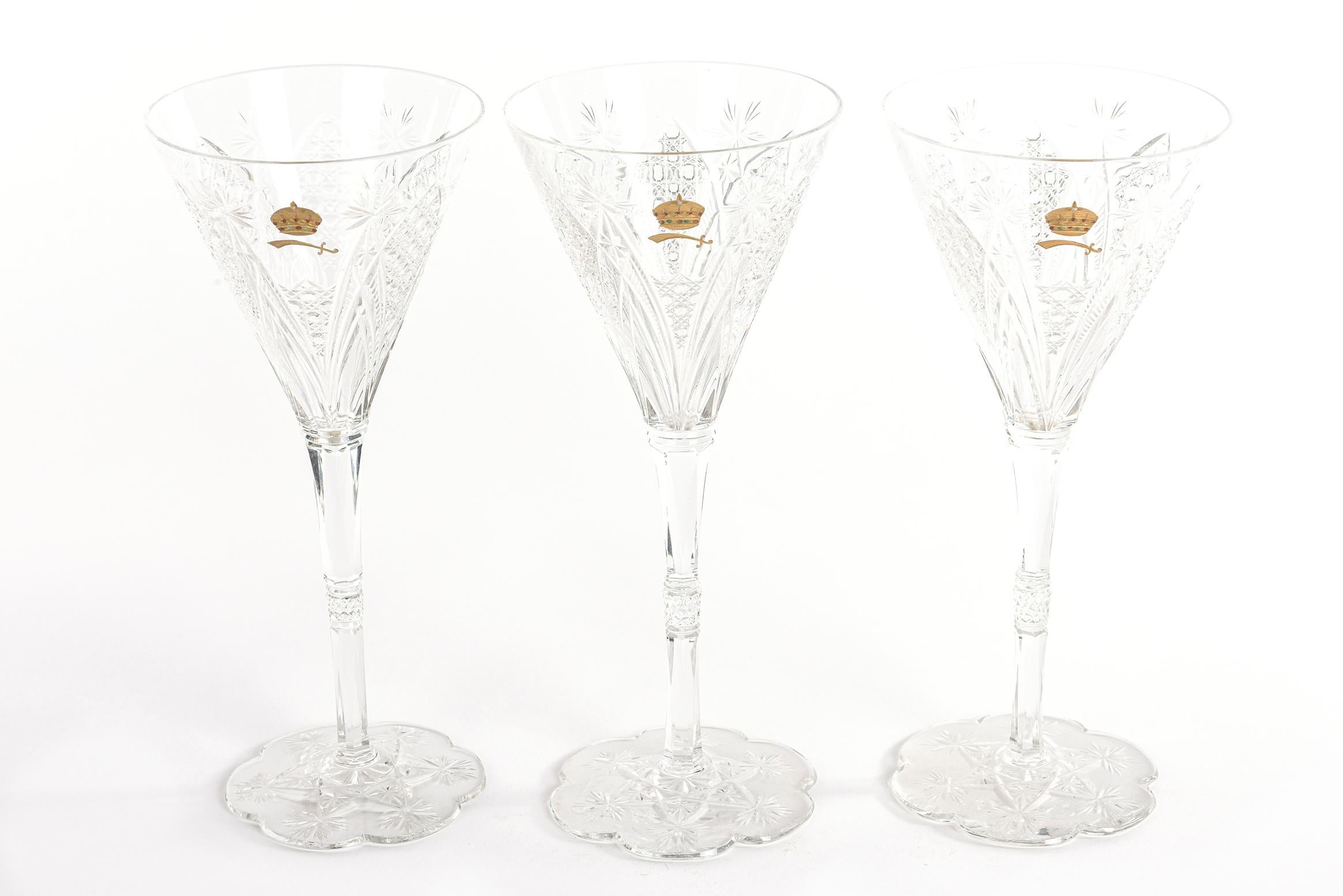 Art Nouveau Rare Baccarat Custom Sultan of Brunei Suite of 3 Handcut Crystal Wine Glasses
