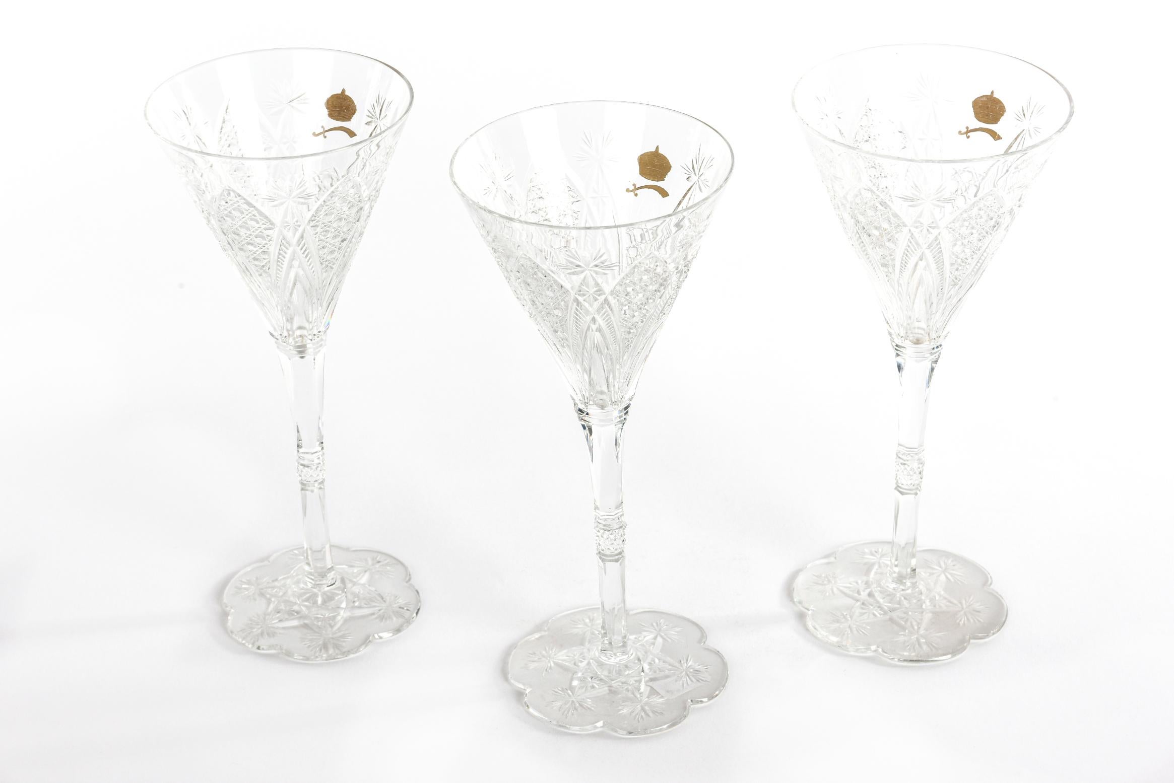 Mid-20th Century Rare Baccarat Custom Sultan of Brunei Suite of 3 Handcut Crystal Wine Glasses