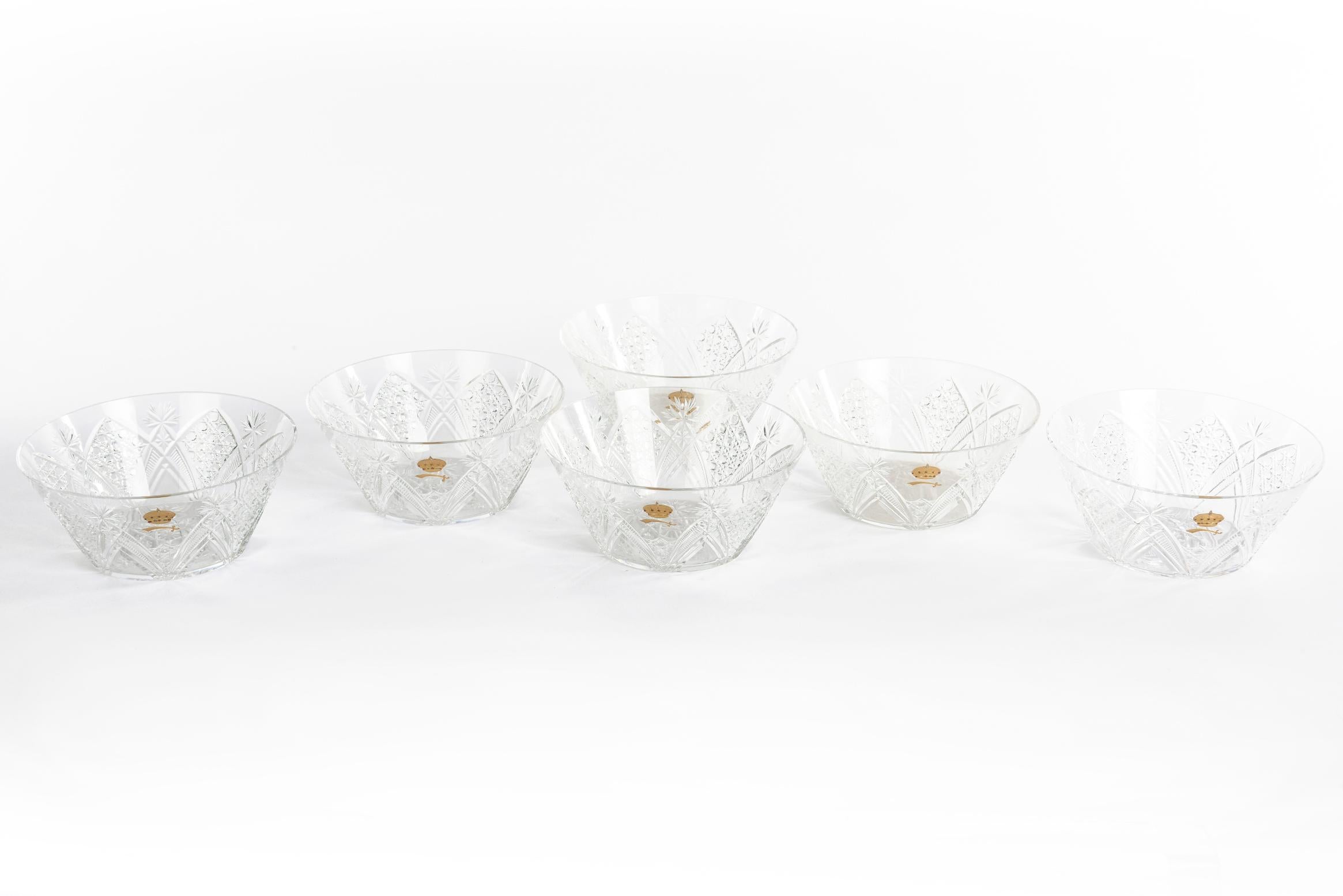 Hand-Crafted Rare Baccarat Custom Sultan of Brunei Suite of 6 Hand Cut Crystal Bowls