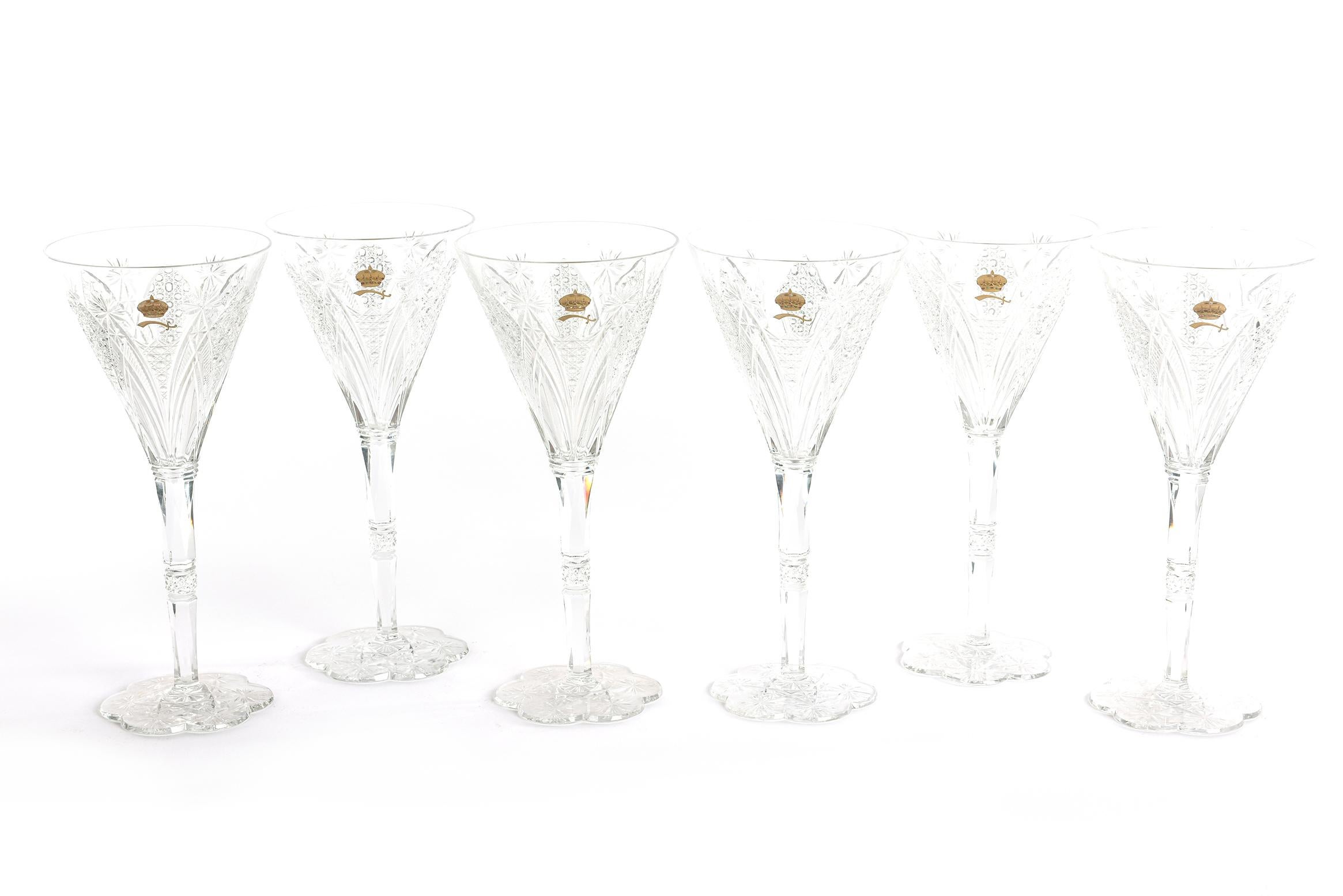 Art Nouveau Rare Baccarat Custom Sultan of Brunei Suite of Six Goblets, Handcut Crystal