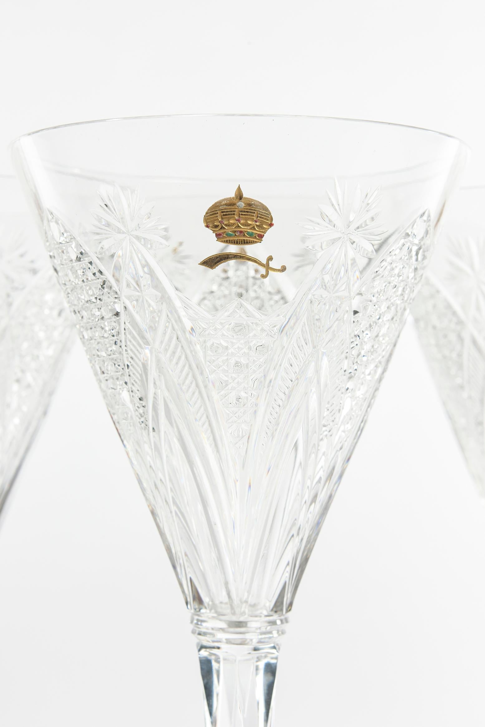 French Rare Baccarat Custom Sultan of Brunei Suite of Six Goblets, Handcut Crystal