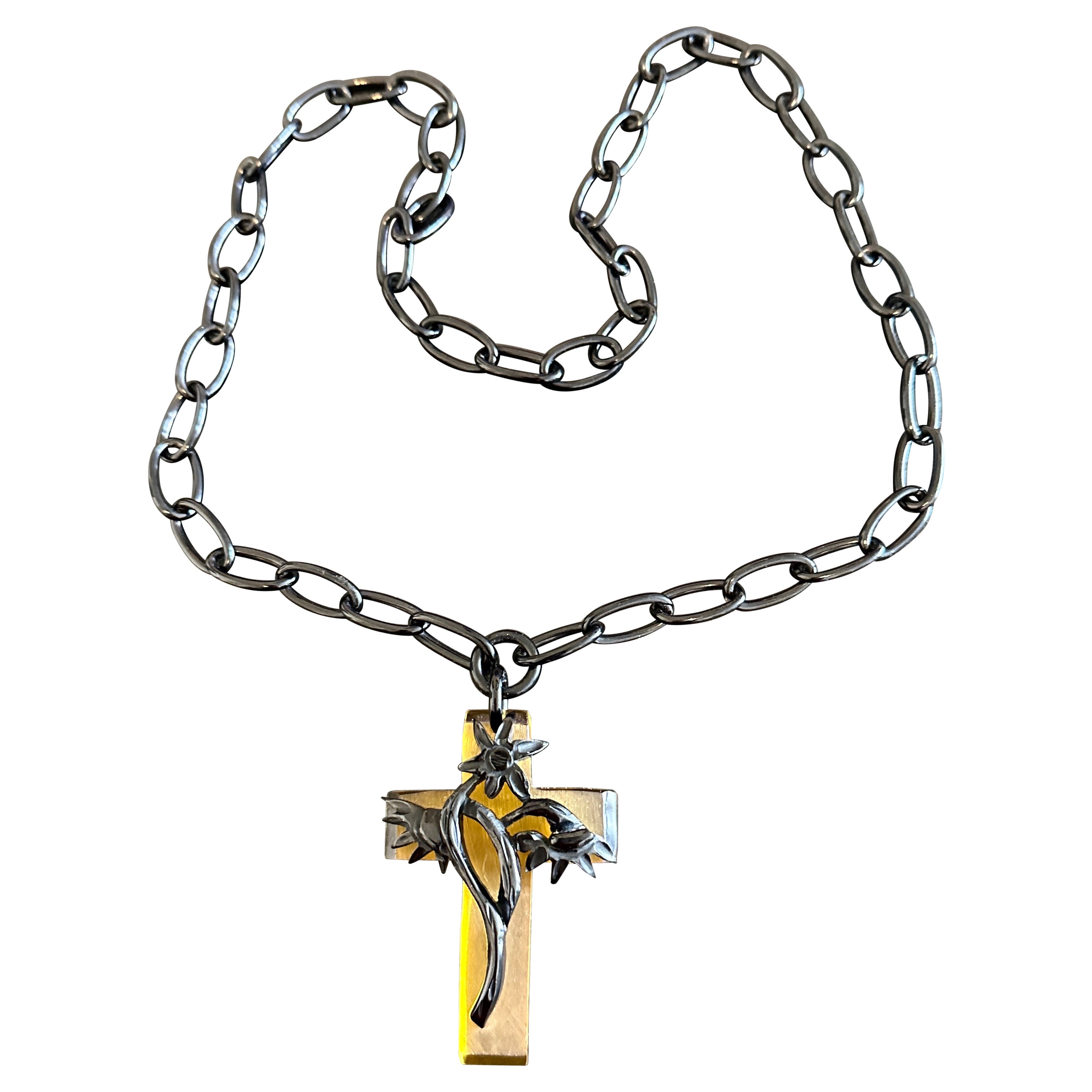 Raro collar de baquelita con cruz, flor y cadena Art Decó ¡Maravilloso!