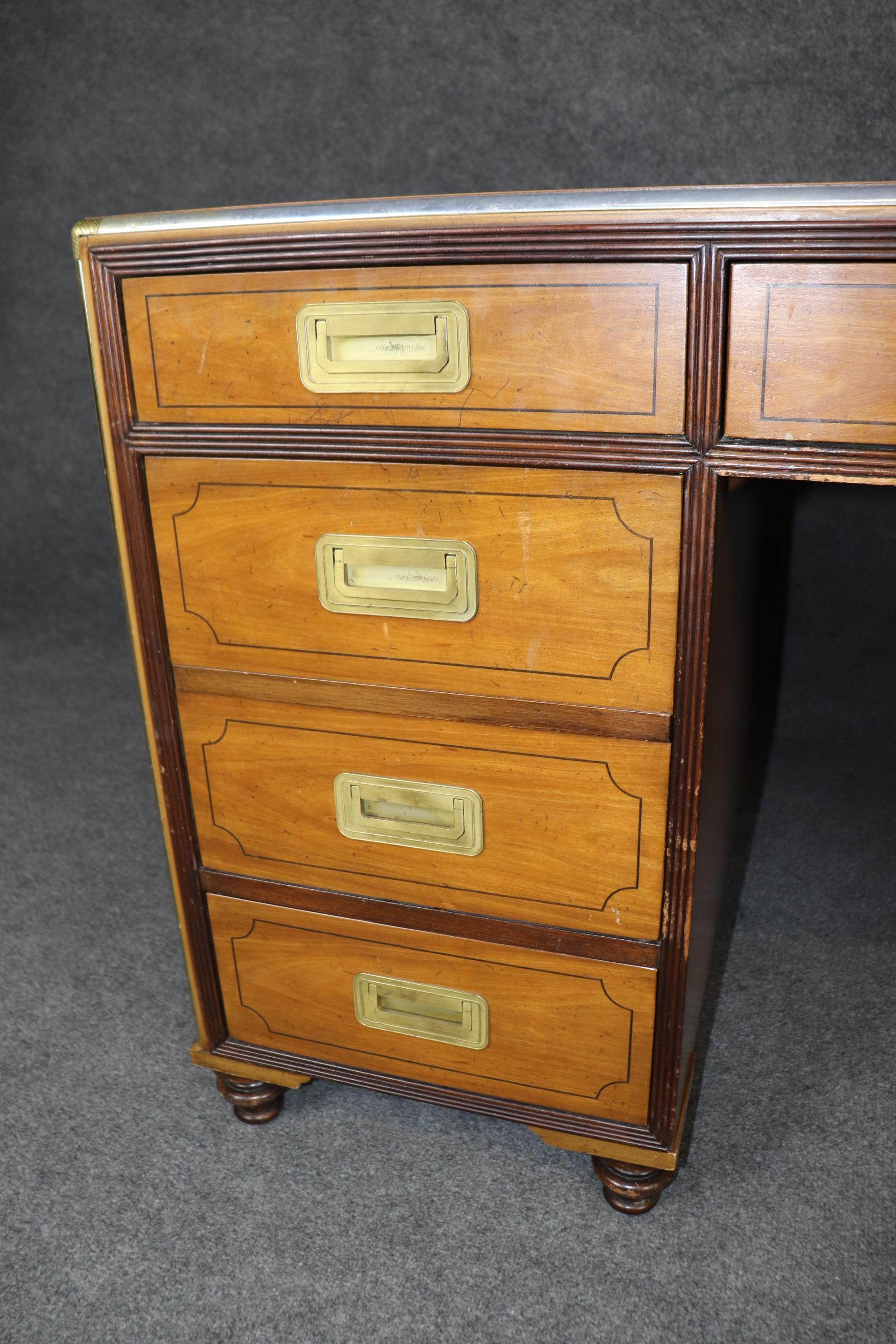 Rare Baker Satinwood Campaign Style Leather Top Desk with Brass Hardware 7