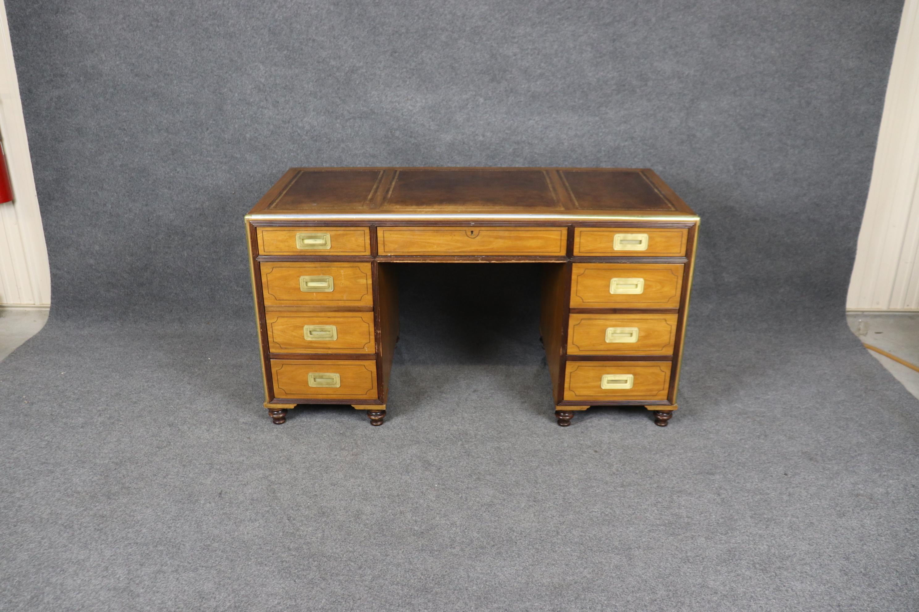 Rare Baker Satinwood Campaign Style Leather Top Desk with Brass Hardware 8