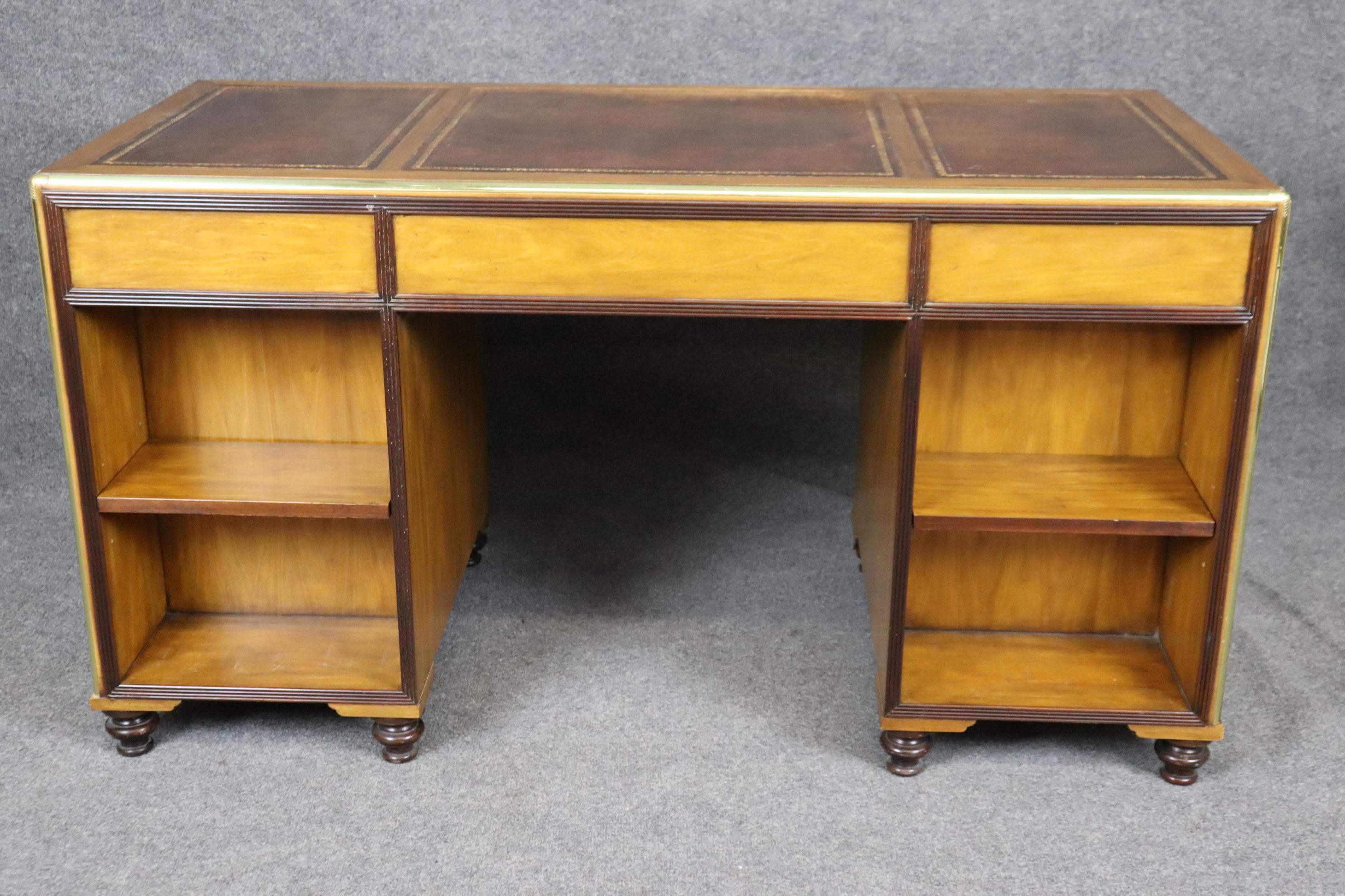 Late 20th Century Rare Baker Satinwood Campaign Style Leather Top Desk with Brass Hardware