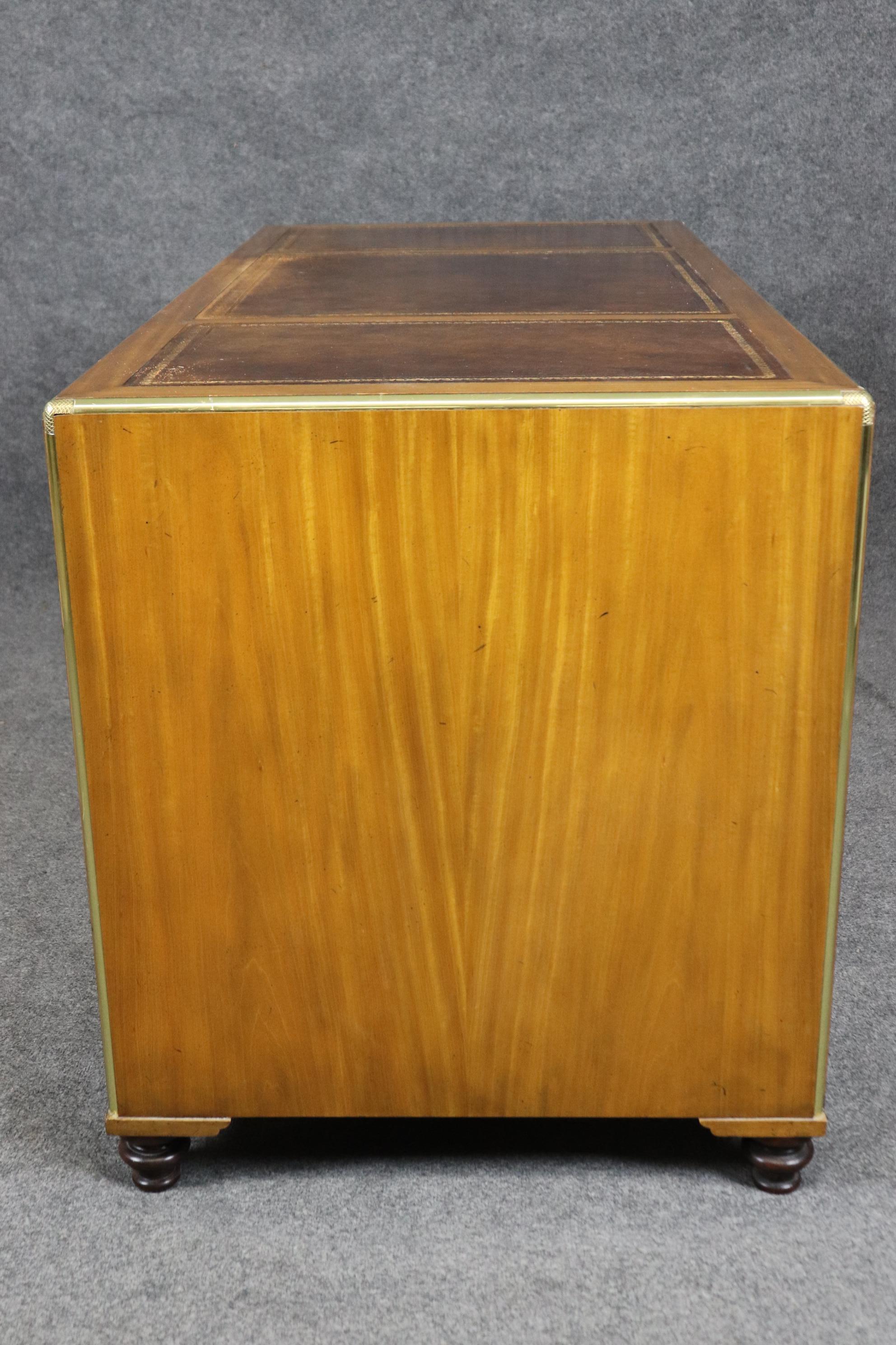Rare Baker Satinwood Campaign Style Leather Top Desk with Brass Hardware 2