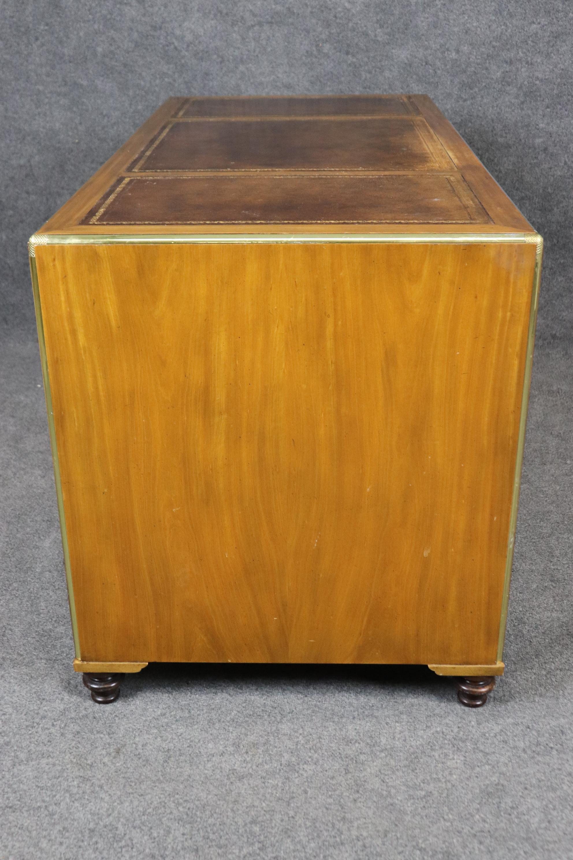 Rare Baker Satinwood Campaign Style Leather Top Desk with Brass Hardware 3