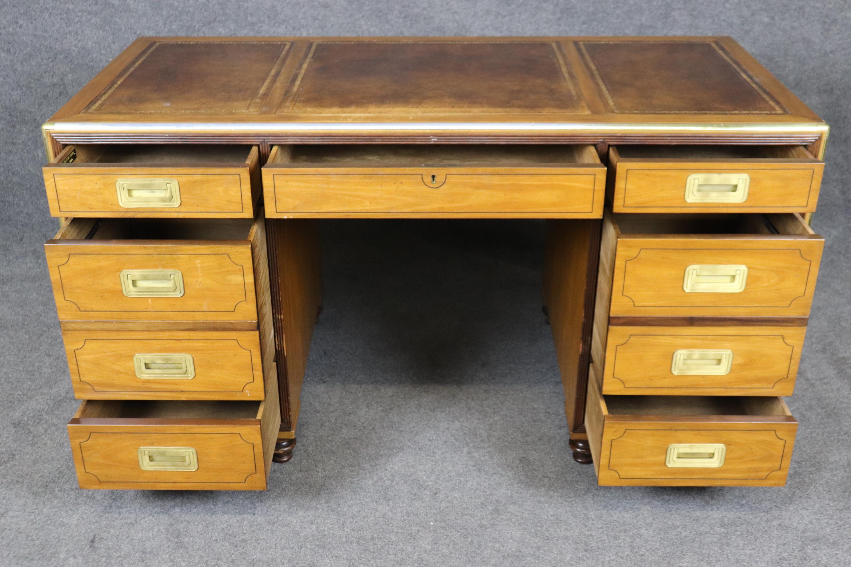 Rare Baker Satinwood Campaign Style Leather Top Desk with Brass Hardware 4