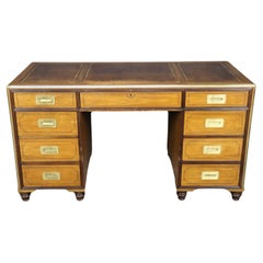 Rare Baker Satinwood Campaign Style Leather Top Desk with Brass Hardware