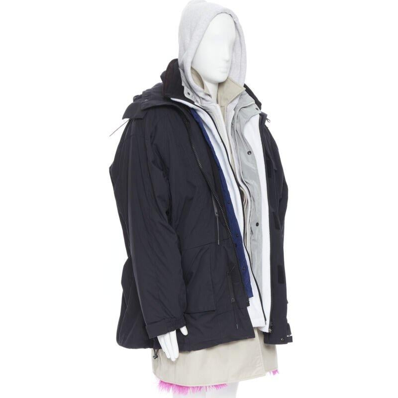 Nero raro BALENCIAGA 2018 Runway Fake Layering 7 strati giacca parka rosa foderata di pelliccia XL in vendita